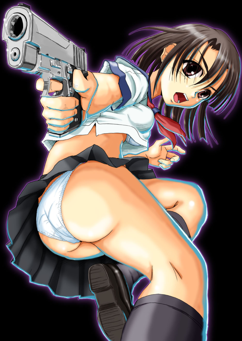 onock, original, sig sauer, highres, 1girl, ass, bra, brown eyes, brown hair, clothes lift, female focus, foreshortening, gun, handgun, lingerie, looking back, midriff, panties, pantyshot, pistol, rifling, school uniform, semi-automatic pistol, shirt lift, short hair, skirt, solo, underwear, upskirt, weapon, white panties