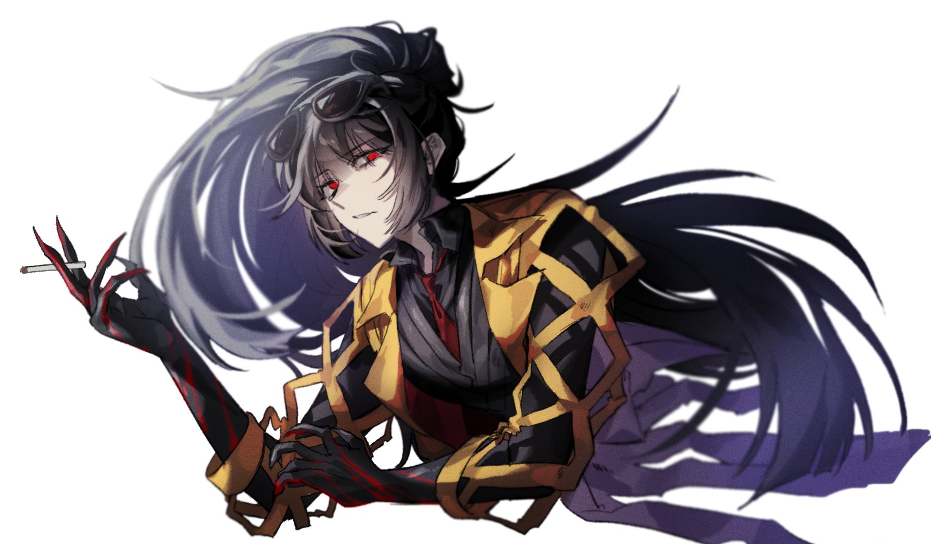 ryoshu (project moon), limbus company, project moon, highres, 1girl, black gloves, black hair, black shirt, black vest, blood on gloves, cigarette, coat, collared shirt, contempt awe (e.g.o), e.g.o (project moon), eyewear on head, gloves, high ponytail, ideal u u, long hair, looking at viewer, n corp. e.g.o (identity) (project moon), necktie, ponytail, red eyes, red necktie, shirt, simple background, smoking, solo, sunglasses, upper body, vest, white background, yellow coat
