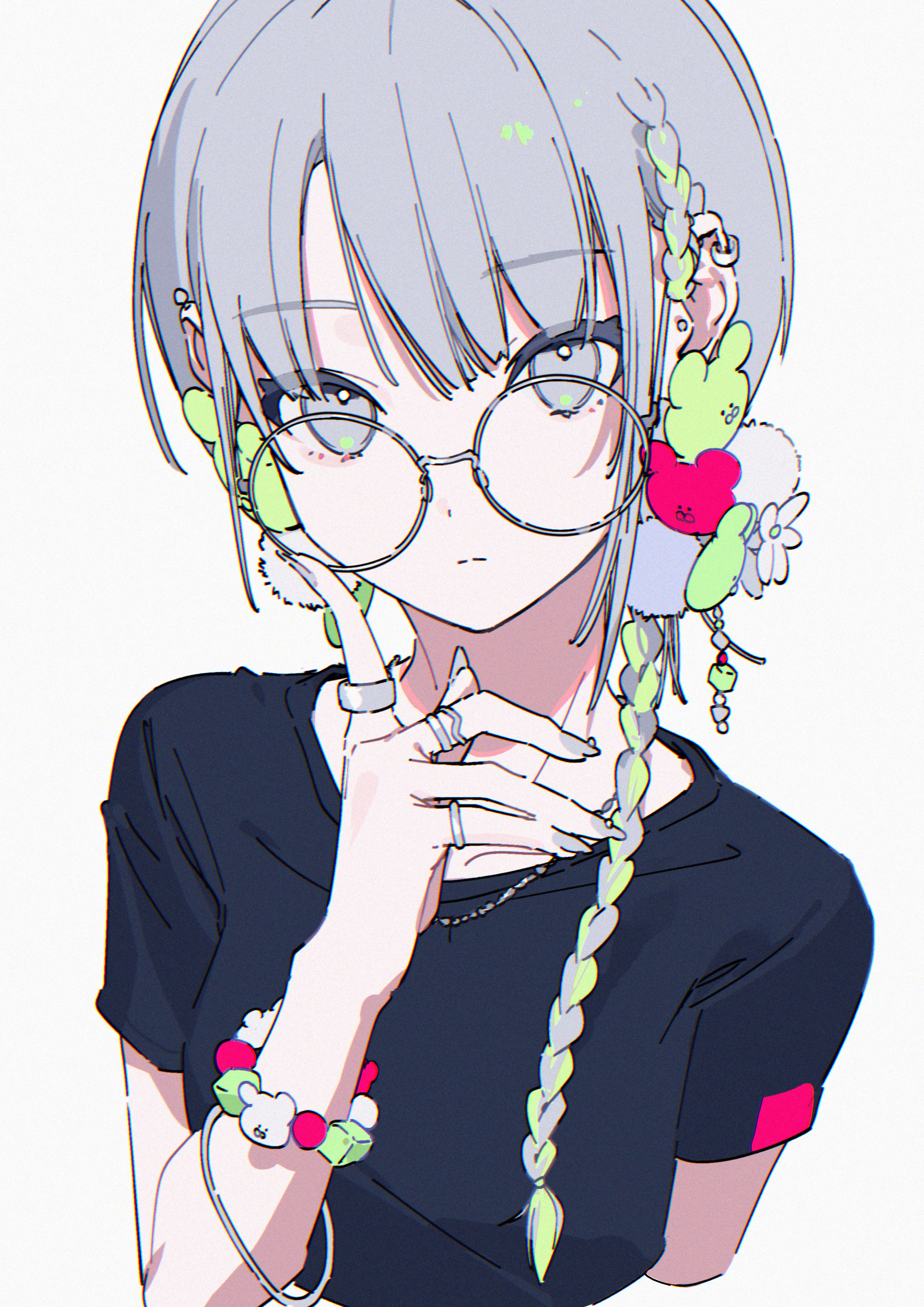 ritao kamo, original, absurdres, commentary, highres, 1girl, adjusting eyewear, black shirt, bracelet, braid, closed mouth, earclip, expressionless, grey eyes, grey hair, grey nails, hair ornament, jewelry, looking at viewer, multicolored hair, multiple rings, nail polish, necklace, pom pom (clothes), pom pom hair ornament, ring, round eyewear, shirt, simple background, single braid, solo, streaked hair, t-shirt, two-tone hair, upper body, white background