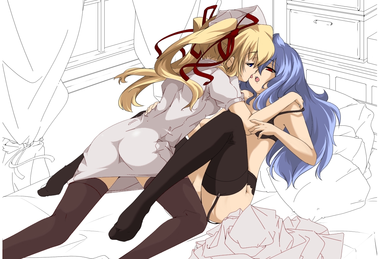 yamazaki kazu, bad id, bad pixiv id, 2girls, ass, bed, blonde hair, blue hair, bra, feet, garter belt, lingerie, long hair, lying, multiple girls, no panties, thighhighs, tongue, twintails, underwear, yuri