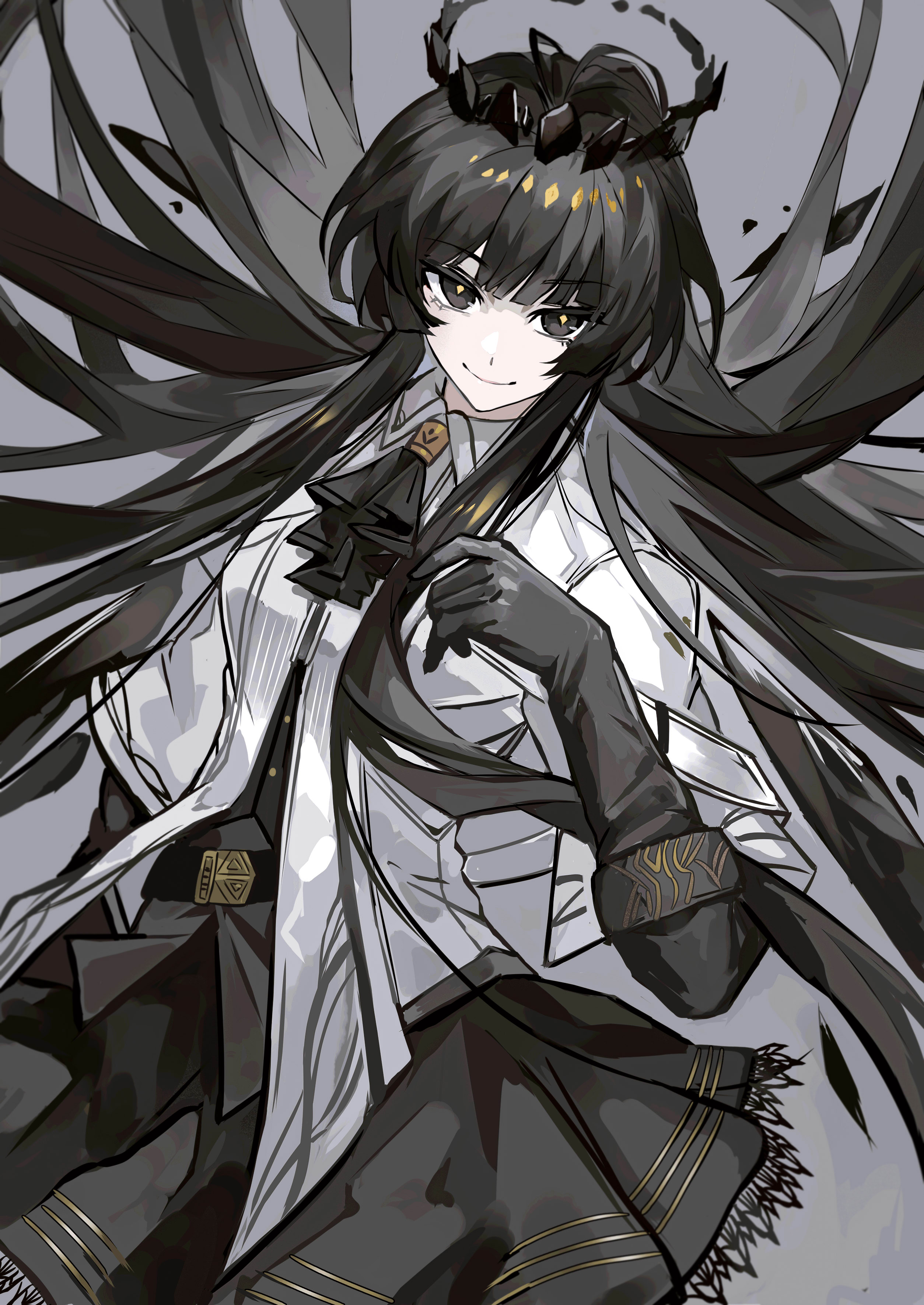 cen (acheng02806053), virtuosa (arknights), arknights, absurdres, highres, 1girl, ascot, belt, black ascot, black belt, black eyes, black gloves, black hair, black halo, black skirt, closed mouth, collared shirt, diamond-shaped pupils, diamond (shape), elbow gloves, floating hair, gloves, grey background, halo, lace, lace-trimmed skirt, lace trim, long hair, looking at viewer, shirt, short sleeves, skirt, smile, solo, symbol-shaped pupils, very long hair, white shirt, yellow pupils