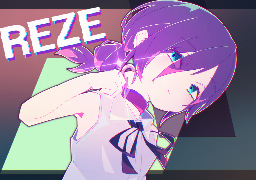 onipics, reze (chainsaw man), chainsaw man, commentary request, 1girl, black ribbon, blue eyes, character name, choker, closed mouth, grenade pin, hair bun, neck ribbon, purple choker, purple hair, ribbon, shirt, sleeveless, sleeveless shirt, smile, solo