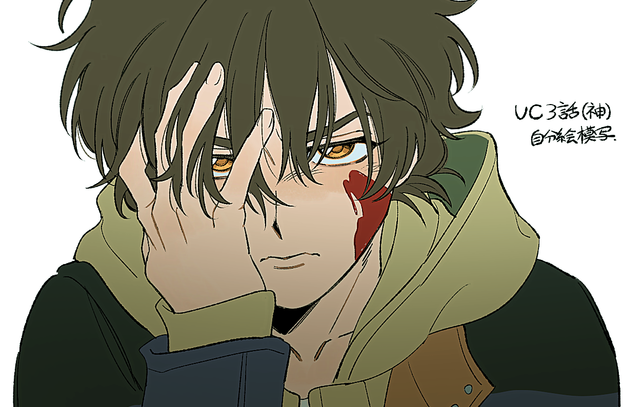 kamonekm, banagher links, gundam, gundam unicorn, 1boy, black jacket, blood, blood on face, brown hair, closed mouth, frown, hand on own face, hood, hood down, hooded shirt, jacket, long sleeves, looking at viewer, male focus, open clothes, open jacket, orange eyes, shirt, short hair, simple background, solo, upper body, white background, yellow shirt