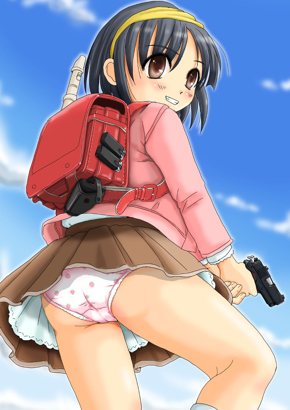 onock, detonics, highres, 1girl, ass, backpack, bag, black hair, bra, cameltoe, clothes lift, cocked hammer, female focus, flute, food print, fruit print, gun, hairband, handgun, instrument, lingerie, panties, pink panties, pistol, pocket pistol, print panties, randoseru, recorder, school bag, semi-automatic pistol, short hair, skirt, skirt lift, solo, strawberry panties, strawberry print, underwear, upskirt, weapon