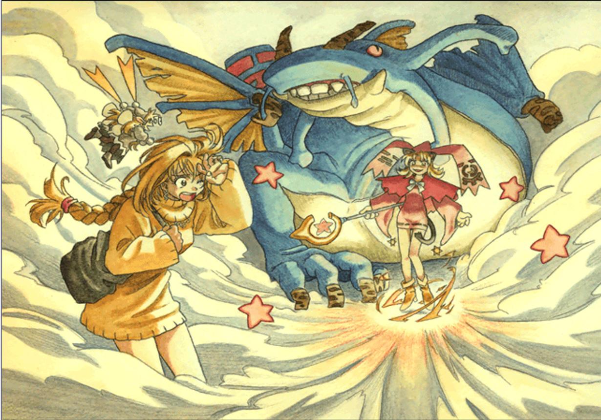 myao, cornet espoir, kururu (marl kingdom), myao (marl kingdom), marl kingdom, nippon ichi, puppet princess (marl kingdom), traditional media, 3girls, animal ears, blonde hair, blue eyes, dragon, hat, long hair, multiple girls, shoes, short hair, tail, wings