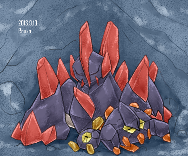 rouko605, boldore, gigalith, roggenrola, nintendo, pokemon, commentary request, artist name, cave interior, closed eyes, dated, evolutionary line, gen 5 pokemon, no humans, pokemon (creature), pokemon focus, sleeping