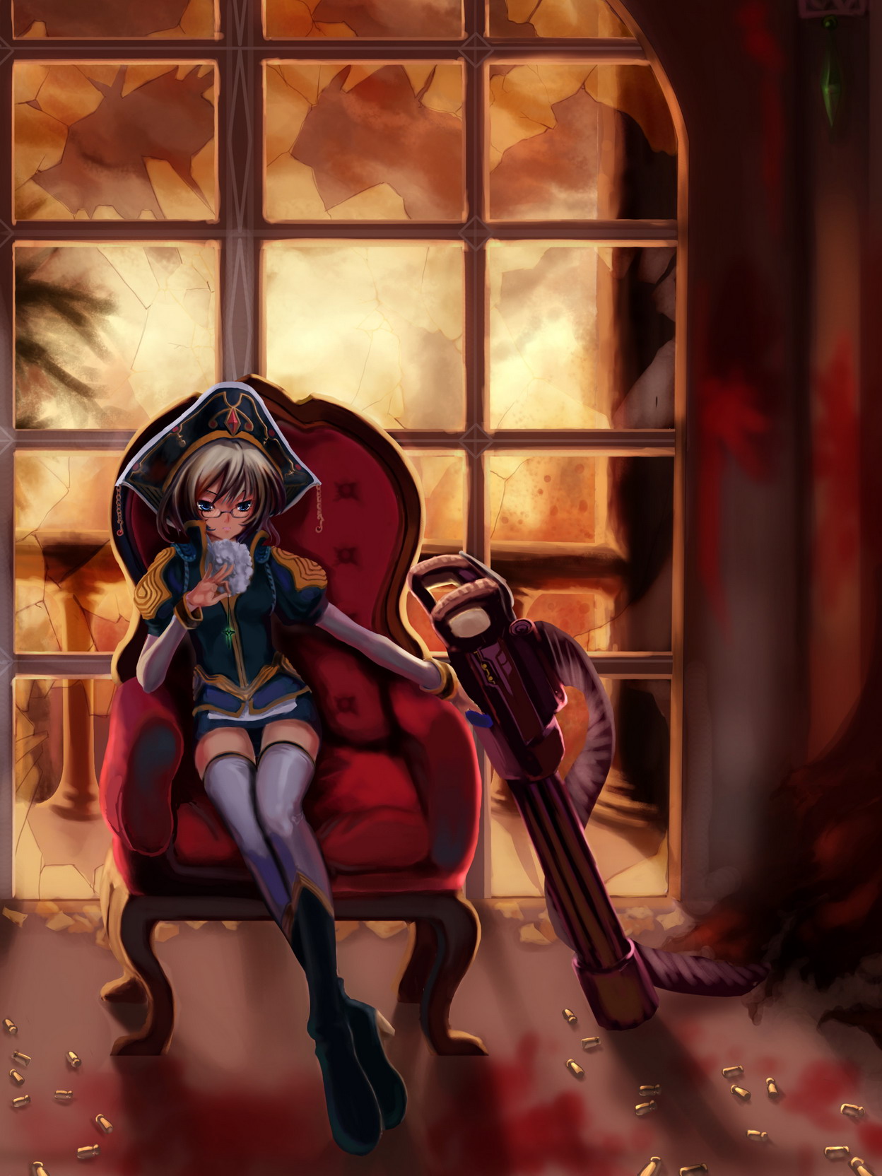st.microscope, original, highres, 1girl, armchair, bicorne, blonde hair, blue eyes, bullet, chair, female focus, glasses, gun, hat, indoors, machine gun, red upholstery, sitting, solo, thighhighs, tricorne, weapon, window