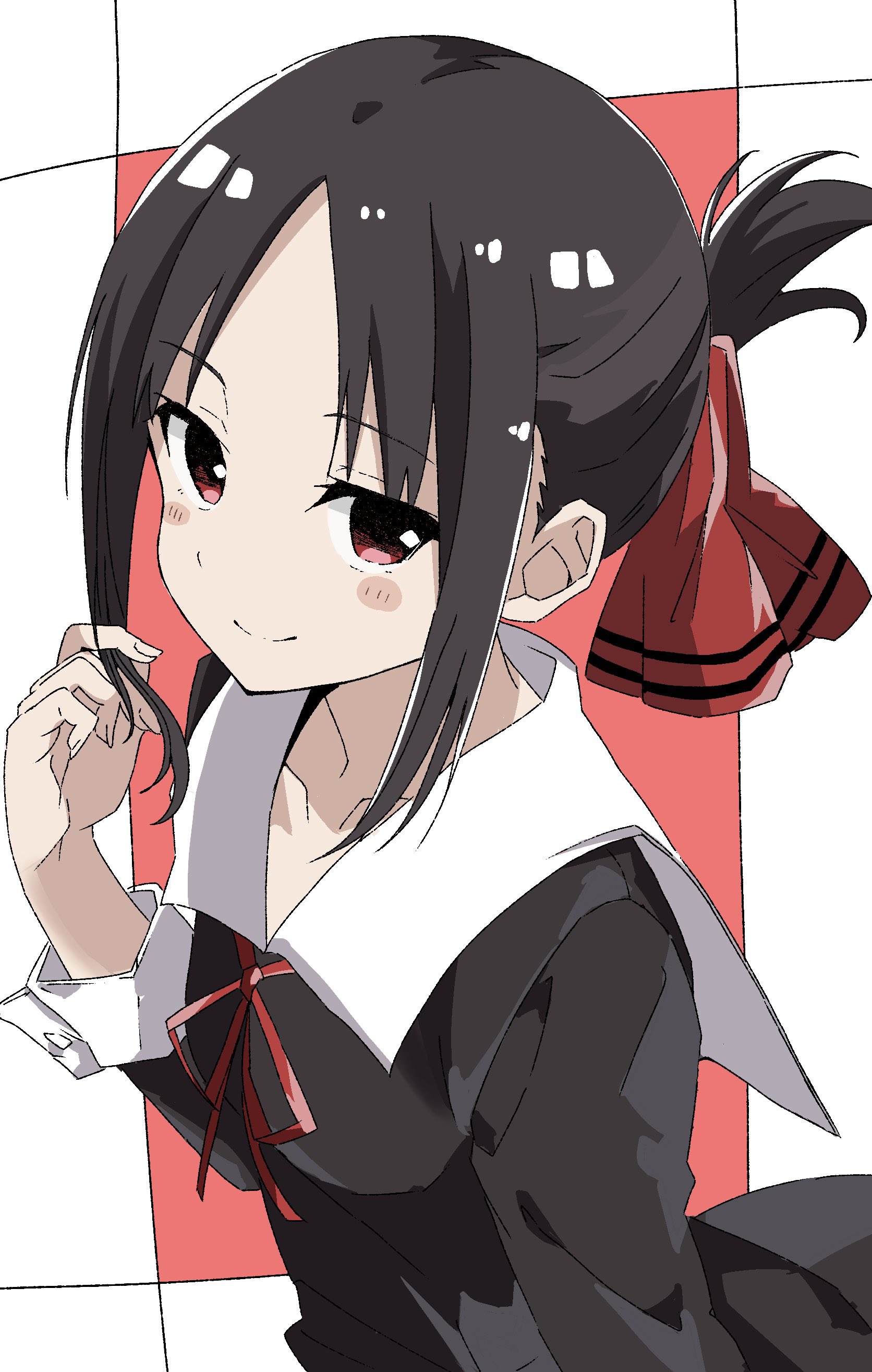 maho ron1, shinomiya kaguya, kaguya-sama wa kokurasetai ~tensai-tachi no renai zunousen~, absurdres, highres, 1girl, black eyes, black hair, black sleeves, blush, collarbone, folded ponytail, gradient eyes, hair ribbon, long sleeves, multicolored eyes, neck ribbon, parted bangs, playing with own hair, ponytail, red eyes, red ribbon, ribbon, school uniform, shuuchiin academy school uniform, sidelocks, simple background, smile, solo, standing, upper body