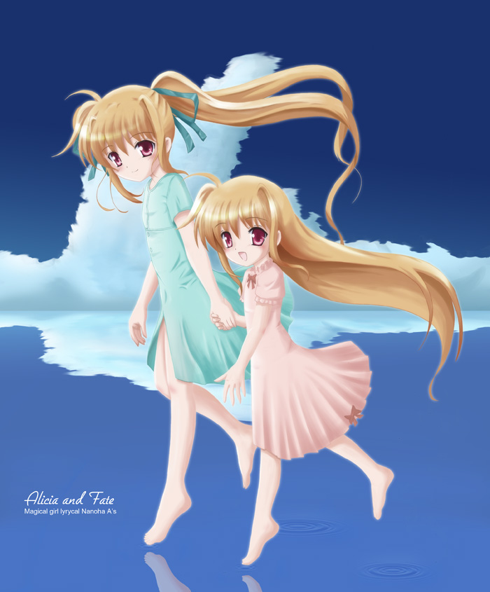 flipper, alicia testarossa, fate testarossa, lyrical nanoha, mahou shoujo lyrical nanoha, 00s, 2girls, barefoot, blonde hair, cloud, day, dress, holding hands, long hair, multiple girls, red eyes, reflection, ripples, siblings, sisters, very long hair, walking, walking on liquid, water