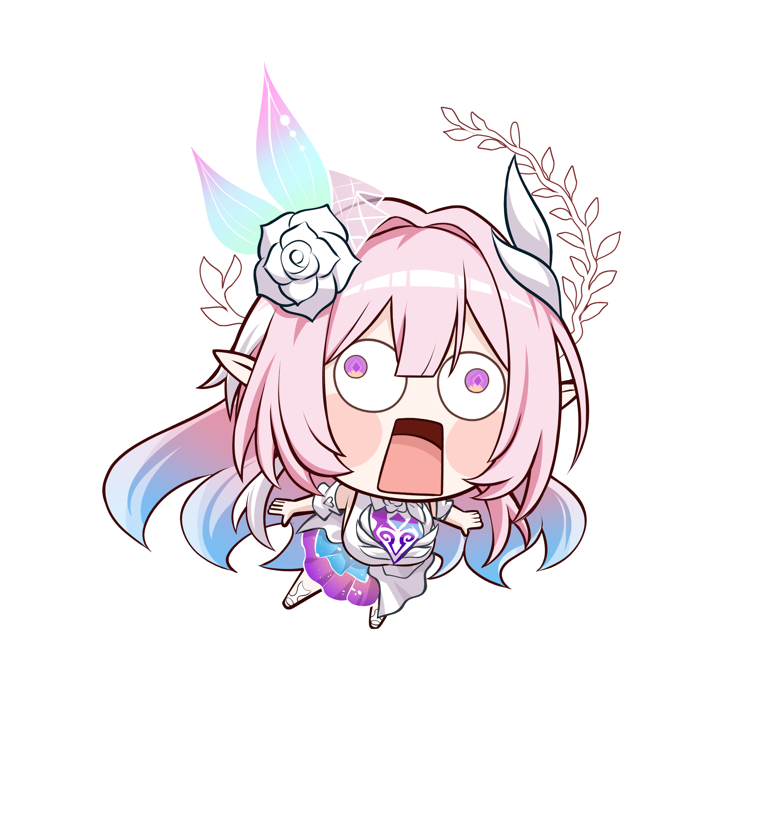 bonz0616, cyrene (honkai: star rail), cyrene (ripples of past reverie) (honkai: star rail), honkai: star rail, honkai (series), absurdres, highres, 1girl, blue hair, blush, breasts, chibi, flower, gradient hair, hair flower, hair ornament, long hair, medium breasts, multicolored hair, open mouth, pink hair, purple eyes