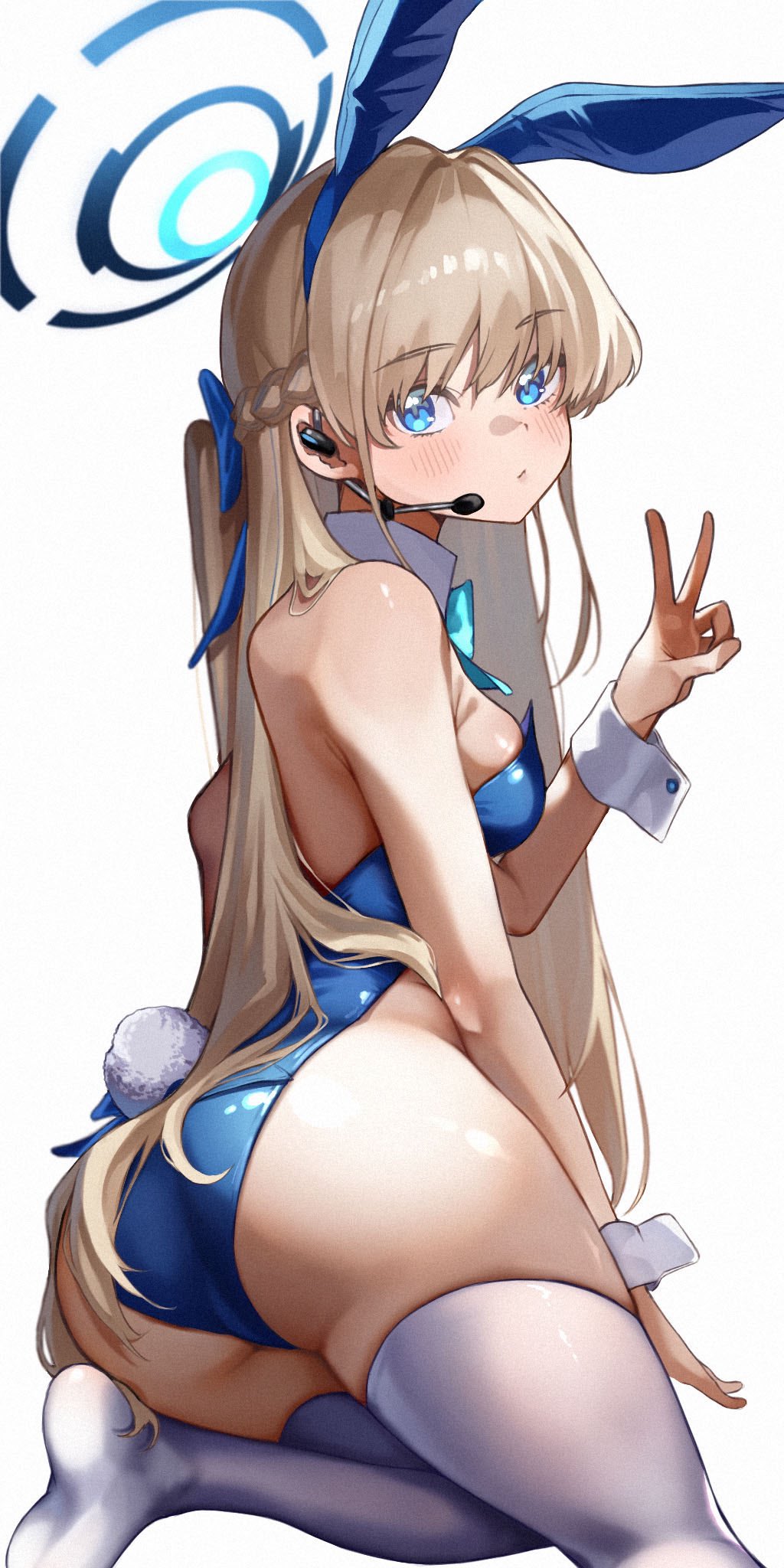 taroekaki, toki (blue archive), toki (bunny) (blue archive), blue archive, commentary, highres, 1girl, animal ear hairband, animal ears, aqua bow, aqua bowtie, ass, backboob, bare shoulders, blonde hair, blue bow, blue eyes, blue halo, blue leotard, blush, bow, bowtie, braid, breasts, closed mouth, detached collar, fake animal ears, fake tail, film grain, from behind, hair between eyes, hair bow, hair intakes, hair spread out, hairband, half up braid, halo, hand up, highleg, highleg leotard, leotard, long hair, looking at viewer, looking back, medium breasts, no shoes, official alternate costume, official alternate hairstyle, playboy bunny, rabbit ears, rabbit tail, shiny skin, simple background, sitting, solo, strapless, strapless leotard, tail, thighhighs, thighs, v, very long hair, white background, white thighhighs, white wrist cuffs, wrist cuffs
