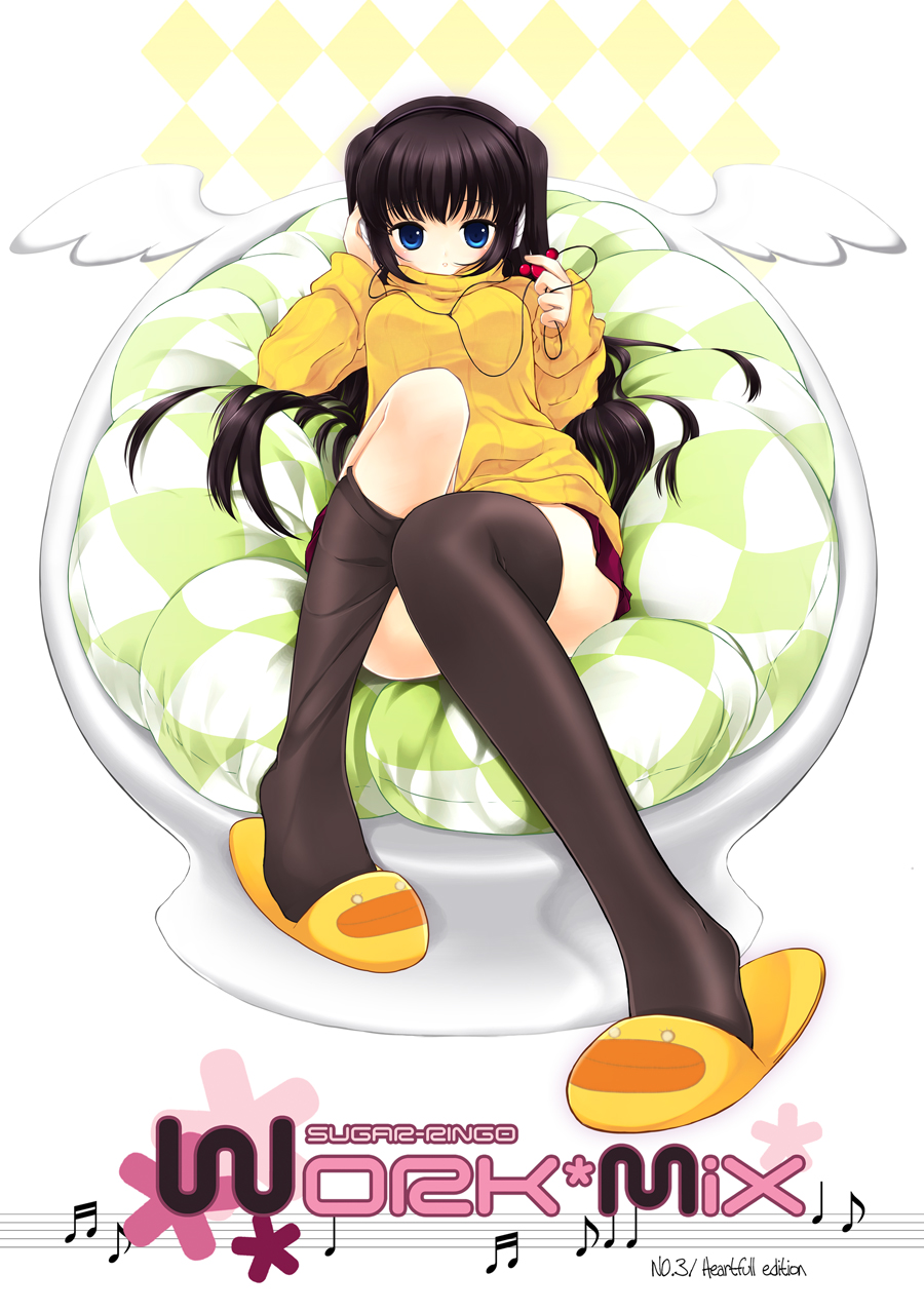 juna, original, bad id, bad pixiv id, highres, angel wings, black hair, blue eyes, earphones, headphones, legs, long hair, ribbed turtleneck sweater, slippers, solo, sweater, thighhighs, very long hair, wings