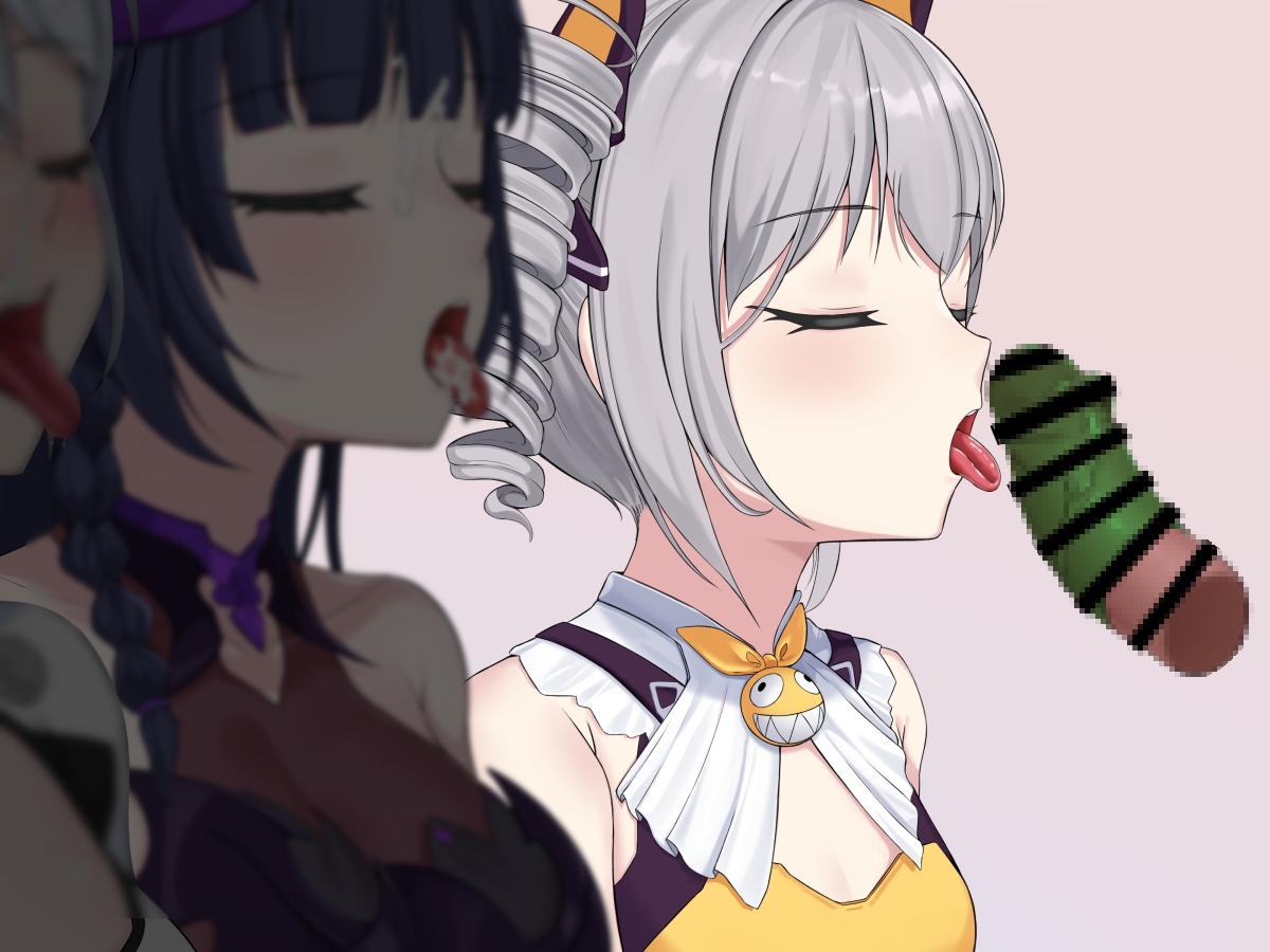 hyunjjing, bronya zaychik, bronya zaychik (yamabuki armor), homu (honkai impact), kiana kaslana, kiana kaslana (white comet), raiden mei, raiden mei (eventide phantom), raiden mei (lightning empress), honkai (series), honkai impact 3rd, commentary request, 1boy, 3girls, :d, bar censor, bare shoulders, blush, bodysuit, bow, breasts, censored, cleavage, cleavage cutout, closed eyes, clothing cutout, condom, disembodied penis, drill hair, fake horns, grey hair, hair bow, halloween costume, hetero, horns, leotard, long hair, mosaic censoring, multiple girls, open mouth, oral invitation, penis, ponytail, purple hair, purple leotard, smile, tongue, tongue out, twin drills, upper body, very long hair, white bodysuit, white hair, yellow bow, yellow leotard