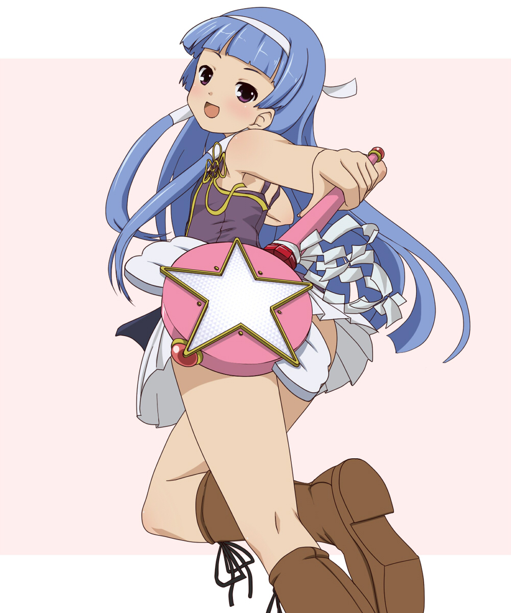 tdk, nagi, kannagi, highres, 00s, blue hair, blunt bangs, boots, long hair, solo, wand