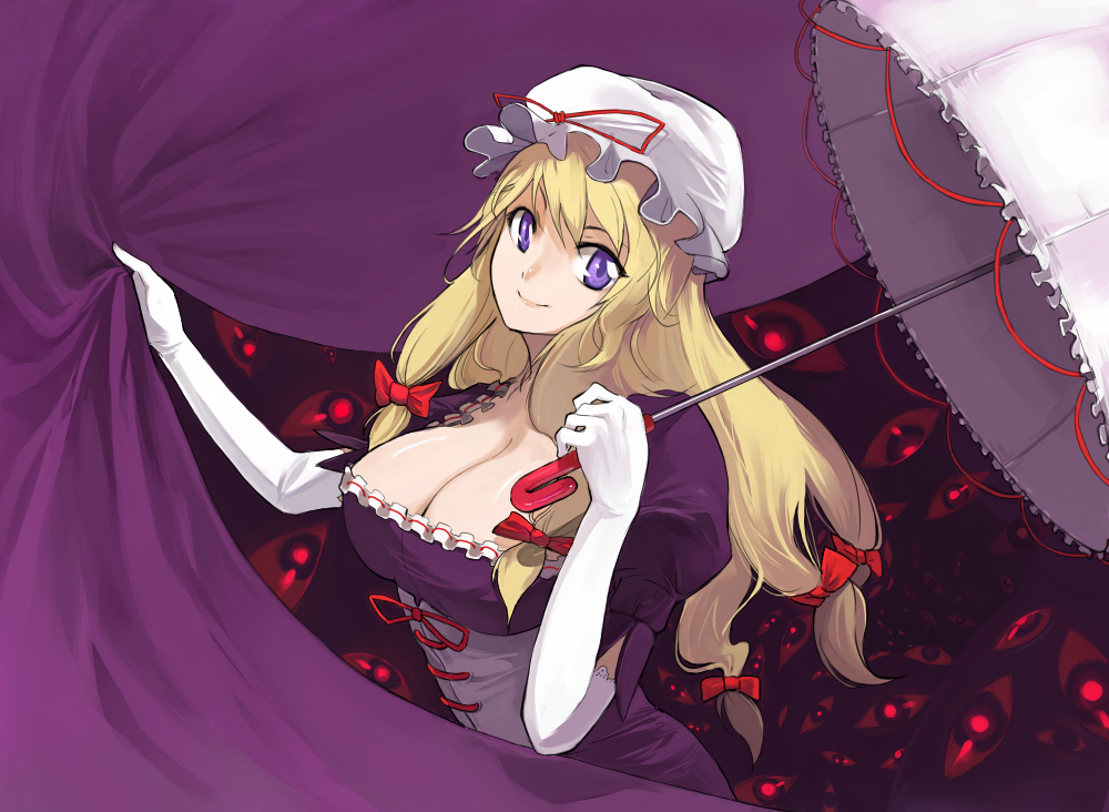 sasamori tomoe, yakumo yukari, touhou, bad id, bad pixiv id, 1girl, breasts, cleavage, elbow gloves, female focus, gap (touhou), gloves, large breasts, solo, white gloves