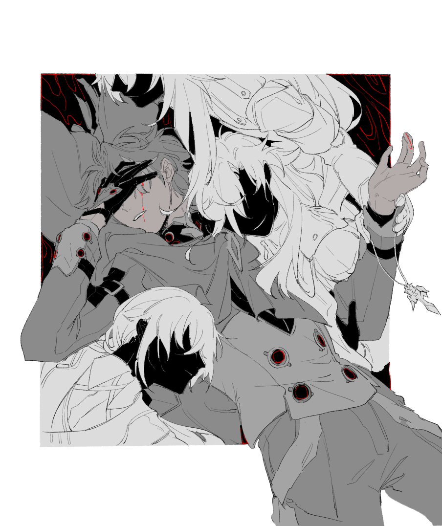pokashi, luocha (honkai: star rail), otto apocalypse, void archives, welt yang, honkai: star rail, honkai (series), honkai impact 3rd, bad id, bad pixiv id, 4boys, black skin, blood, bloody tears, coat, colored skin, covering own eyes, facing another, greyscale, hand up, head on another's stomach, holding another's wrist, jewelry, long hair, long sleeves, male focus, monochrome, multiple boys, necklace, pants, parted lips, ponytail, scarf, short hair, smile, spot color, vest