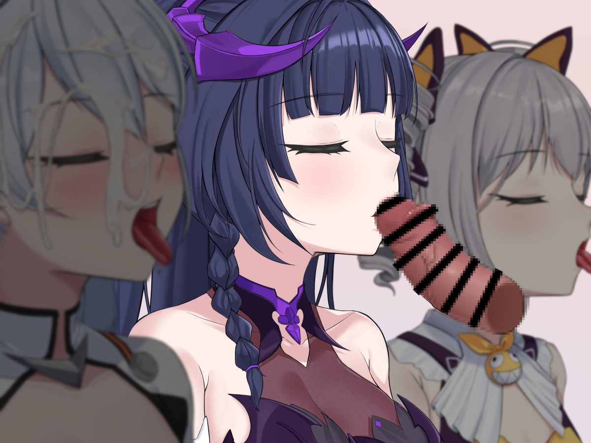 hyunjjing, bronya zaychik, bronya zaychik (yamabuki armor), homu (honkai impact), kiana kaslana, kiana kaslana (white comet), raiden mei, raiden mei (eventide phantom), raiden mei (lightning empress), honkai (series), honkai impact 3rd, commentary request, 1boy, 3girls, :d, bar censor, bare shoulders, blush, bodysuit, bow, breasts, censored, cleavage, cleavage cutout, closed eyes, clothing cutout, cum, cum on body, cum on hair, disembodied penis, drill hair, facial, fake horns, fellatio, grey hair, hair bow, halloween costume, hetero, horns, leotard, long hair, mosaic censoring, multiple girls, open mouth, oral, oral invitation, penis, ponytail, purple hair, purple leotard, smile, tongue, tongue out, twin drills, upper body, very long hair, white bodysuit, white hair, yellow bow, yellow leotard
