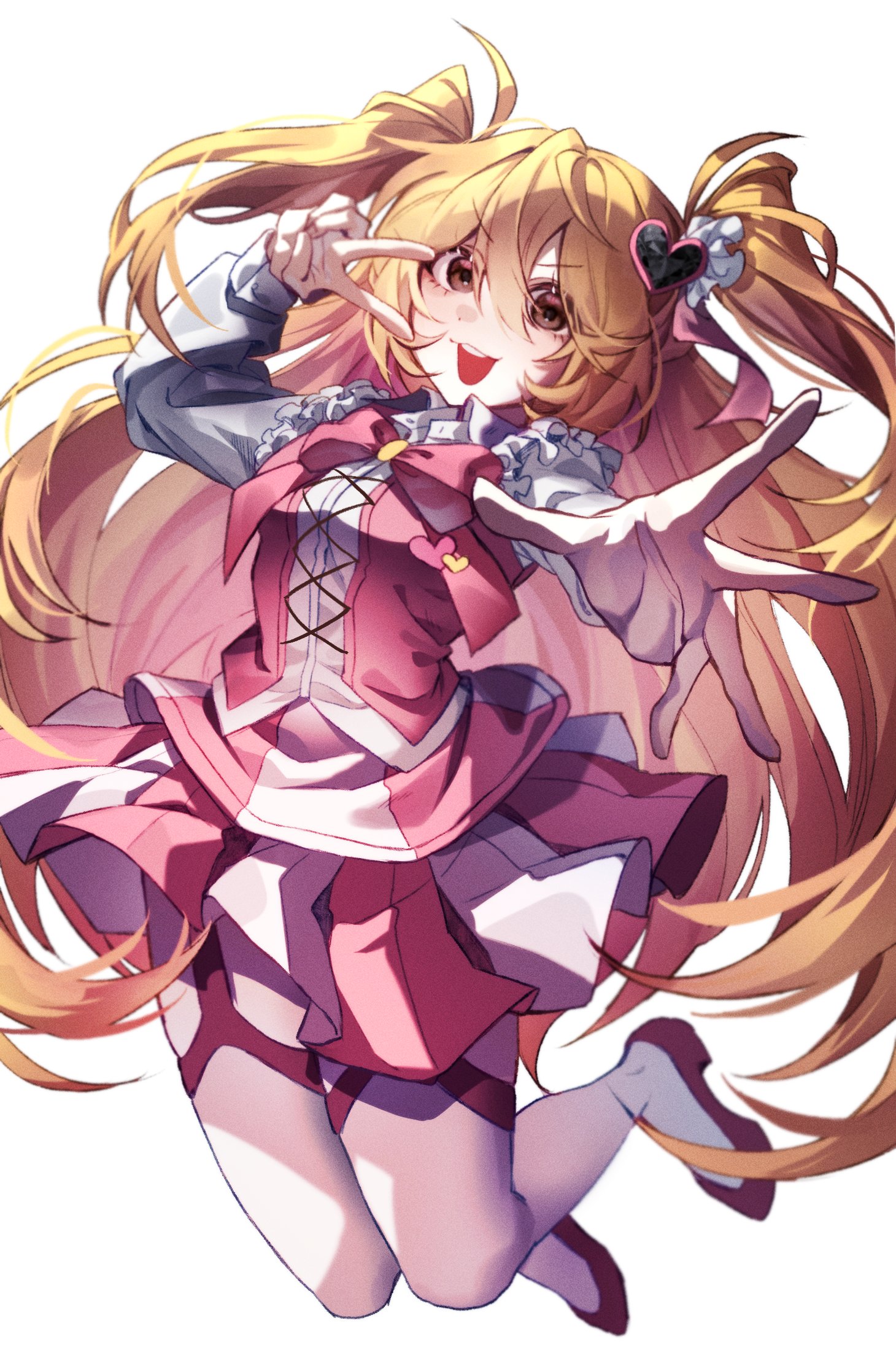 don quixote (project moon), limbus company, project moon, highres, 1girl, :d, blonde hair, bow, bowtie, brown eyes, e.g.o (project moon), full body, hair ornament, heart, heart hair ornament, ideal u u, in the name of love and hate (e.g.o), lobotomy corporation (identity) (project moon), long hair, long sleeves, looking at viewer, open mouth, pink bow, pink bowtie, pink garter straps, pink shoes, pink skirt, pink vest, shoes, simple background, skirt, smile, solo, standing, two side up, v, vest, white background