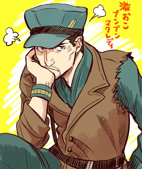 udaa (ahirucook), fallout, fallout 4, translation request, 1boy, anger vein, angry, beard stubble, belt, black belt, black hair, black ribbon, blue eyes, bracelet, brown jacket, bullet hair ornament, closed mouth, elbow on thigh, elbow rest, facial hair, frown, green hat, green jumpsuit, hand on own face, hat, hat ribbon, head rest, head steam, jacket, jewelry, jumpsuit, male focus, peaked cap, ribbon, robert maccready, solo, stubble, torn clothes, torn sleeves, yellow background