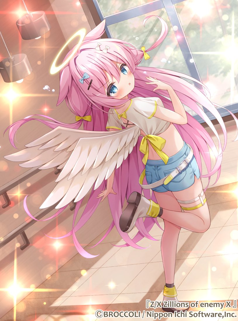 yuduki pdx, z/x, official art, 1girl, :o, blue bow, blue eyes, blue shorts, bow, copyright notice, cropped shirt, feathered wings, hair bow, hair ornament, hairclip, halo, indoors, long hair, looking back, marie (z/x), pink hair, shirt, shoes, shorts, solo, sparkle, standing, standing on one leg, thigh strap, traditional halo, very long hair, white bow, white shirt, window, wings, yellow bow