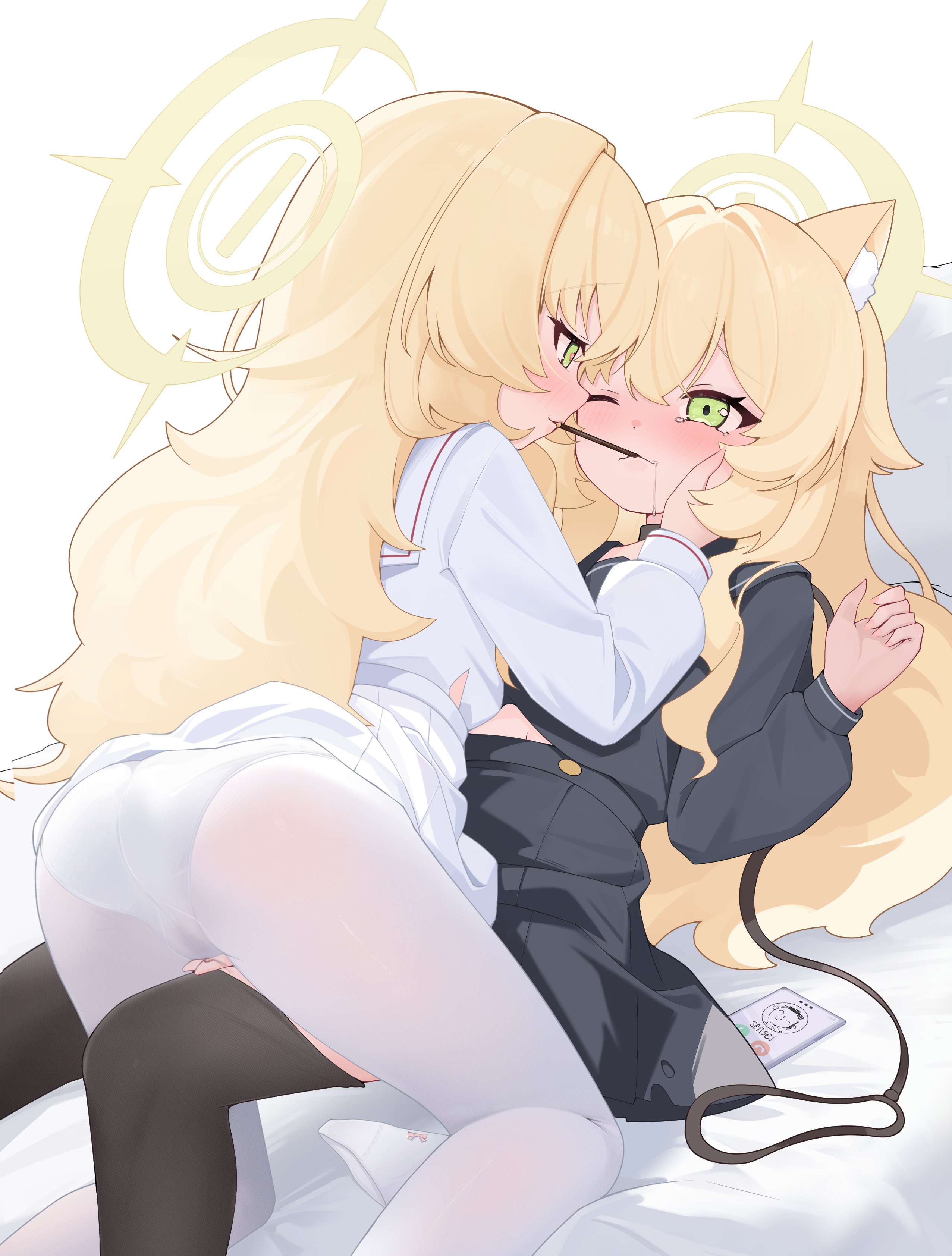 jiuchong ying fengxue, professor niyaniya (blue archive), blue archive, absurdres, highres, 2girls, animal ears, black serafuku, black skirt, blonde hair, blush, clone, food, food in mouth, green eyes, halo, long hair, long sleeves, multiple girls, panties, pantyhose, pocky, pocky in mouth, school uniform, serafuku, skirt, underwear, white panties, white pantyhose, yuri