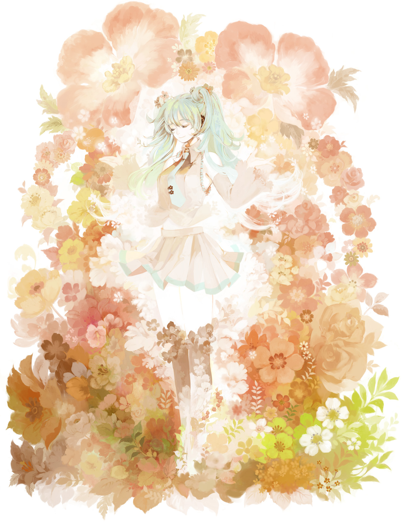 deri (dericom), hatsune miku, vocaloid, highres, blue hair, closed eyes, detached sleeves, flower, long hair, necktie, skirt, solo, thighhighs, twintails