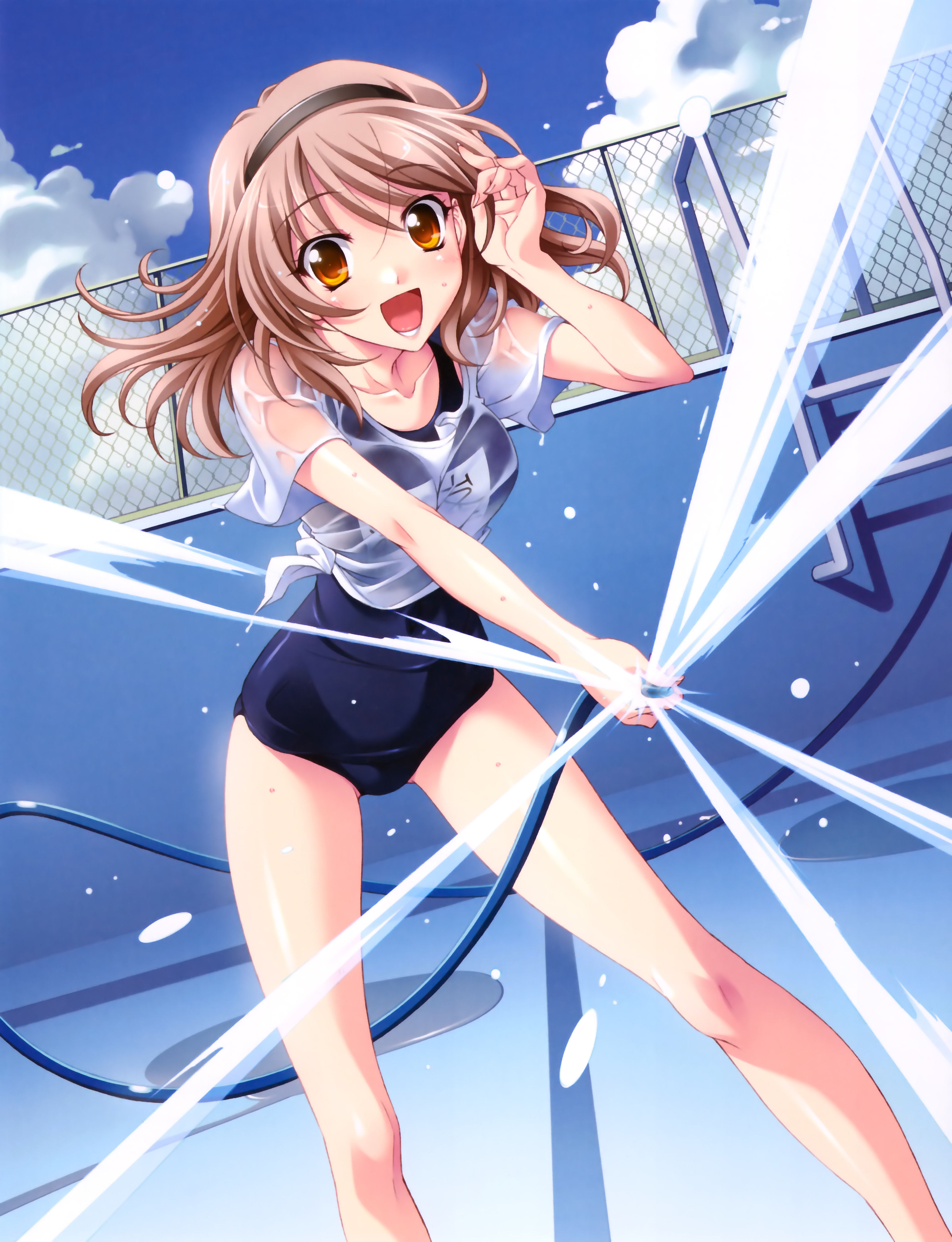 koshimizu takayuki, toomine ririsu, 5pb., memories off, memories off 6, absurdres, highres, 1girl, adjusting hair, bottomless, brown hair, dated, empty pool, female focus, hose, leaning forward, one-piece swimsuit, orange eyes, outdoors, pool, school swimsuit, see-through clothes, solo, standing, swimsuit, swimsuit under clothes, wet, wet clothes, yellow eyes