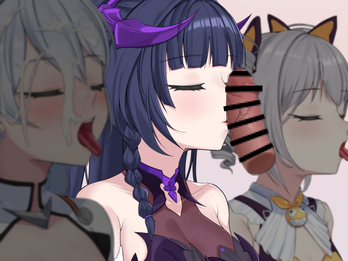 hyunjjing, bronya zaychik, bronya zaychik (yamabuki armor), homu (honkai impact), kiana kaslana, kiana kaslana (white comet), raiden mei, raiden mei (eventide phantom), raiden mei (lightning empress), honkai (series), honkai impact 3rd, commentary request, 1boy, 3girls, :d, bar censor, bare shoulders, blush, bodysuit, bow, breasts, censored, cleavage, cleavage cutout, closed eyes, clothing cutout, disembodied penis, drill hair, fake horns, grey hair, hair bow, halloween costume, hetero, horns, kissing penis, leotard, long hair, mosaic censoring, multiple girls, open mouth, oral invitation, penis, ponytail, purple hair, purple leotard, smile, tongue, tongue out, twin drills, upper body, very long hair, white bodysuit, white hair, yellow bow, yellow leotard