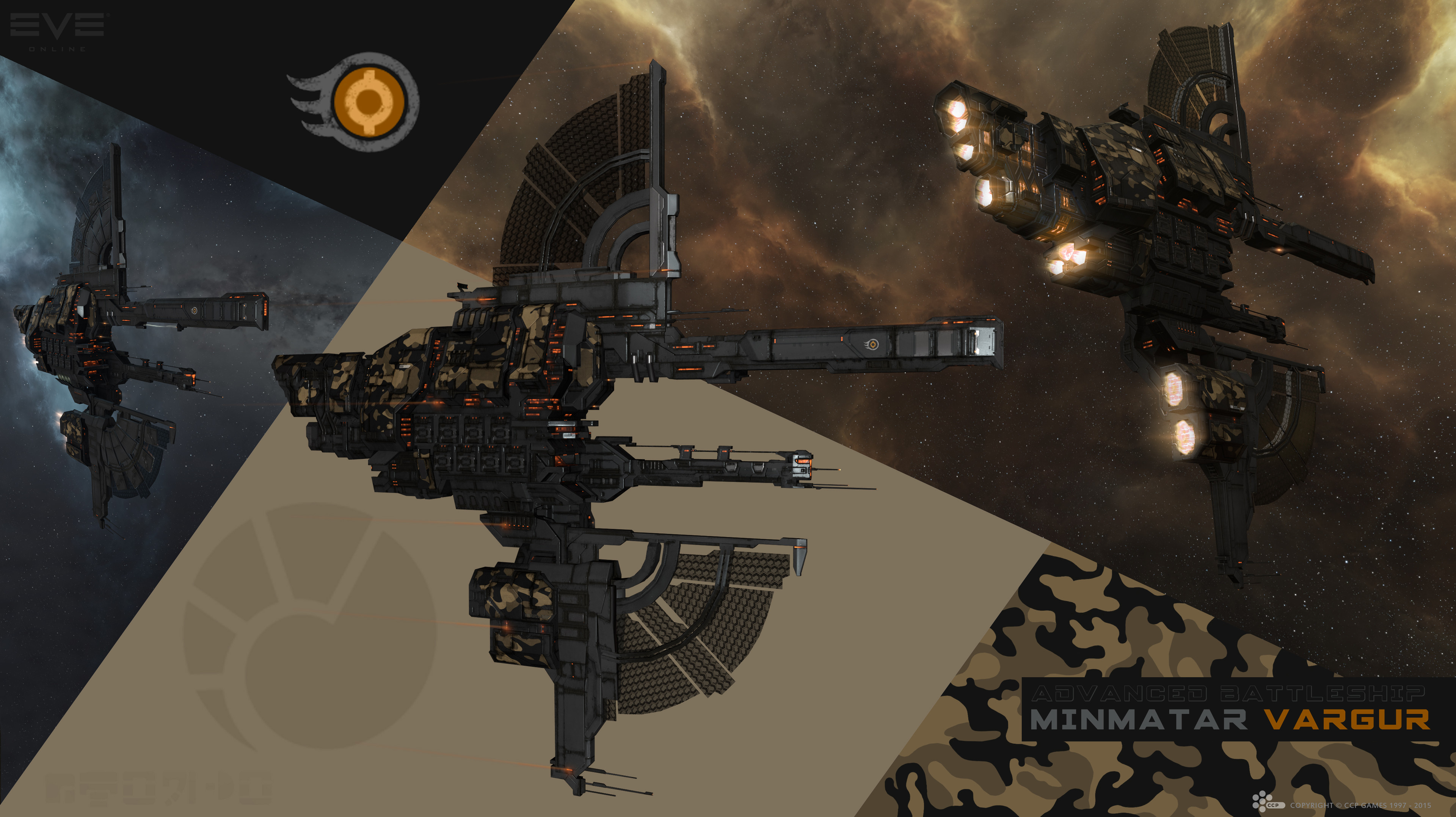 eve online, absurdres, commentary, english commentary, highres, maya (medium), official art, 3d, advanced ship (eve online), battleship (eve online), boundless creation (eve online), brown background, camouflage, cloud, combat ship (eve online), company logo, company name, copyright logo, copyright name, dated, fire, flying, glowing, logo, marauder (eve online), military vehicle, minmatar logo (eve online), multiple views, nebula, no humans, outdoors, radar, radio antenna, realistic, science fiction, siege mode (eve online), solar panel, space, spacecraft, star (sky), starry sky background, tempest (eve online), thrusters, vargur (eve online), vehicle focus, vehicle name, ymir jonsson