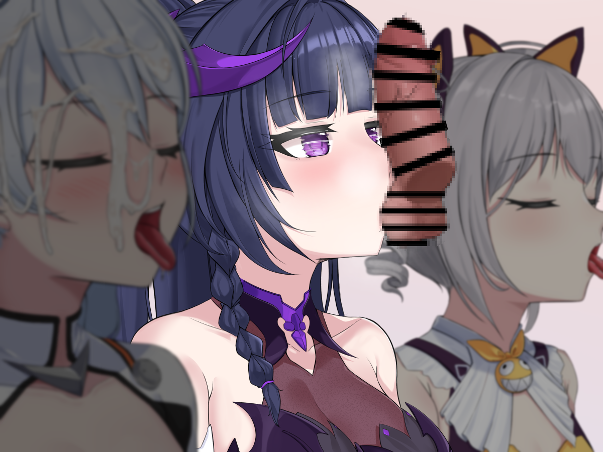 hyunjjing, bronya zaychik, bronya zaychik (yamabuki armor), homu (honkai impact), kiana kaslana, kiana kaslana (white comet), raiden mei, raiden mei (eventide phantom), raiden mei (lightning empress), honkai (series), honkai impact 3rd, commentary request, 1boy, 3girls, :d, bar censor, bare shoulders, blush, bodysuit, bow, breasts, censored, cleavage, cleavage cutout, closed eyes, clothing cutout, disembodied penis, drill hair, fake horns, grey hair, hair bow, halloween costume, hetero, horns, leotard, long hair, mosaic censoring, multiple girls, open mouth, oral, oral invitation, penis, ponytail, purple eyes, purple hair, purple leotard, smile, testicle sucking, tongue, tongue out, twin drills, upper body, very long hair, white bodysuit, white hair, yellow bow, yellow leotard