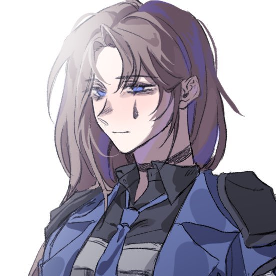 rodion (project moon), limbus company, project moon, 1girl, armor, black choker, black shirt, blue coat, blue eyes, blue necktie, brown hair, choker, closed mouth, coat, collared shirt, e.g.o (project moon), ideal u u, long hair, looking at viewer, necktie, parted bangs, shirt, shoulder armor, simple background, solo, teardrop facial mark, the sword sharpened with tears (e.g.o), upper body, white background