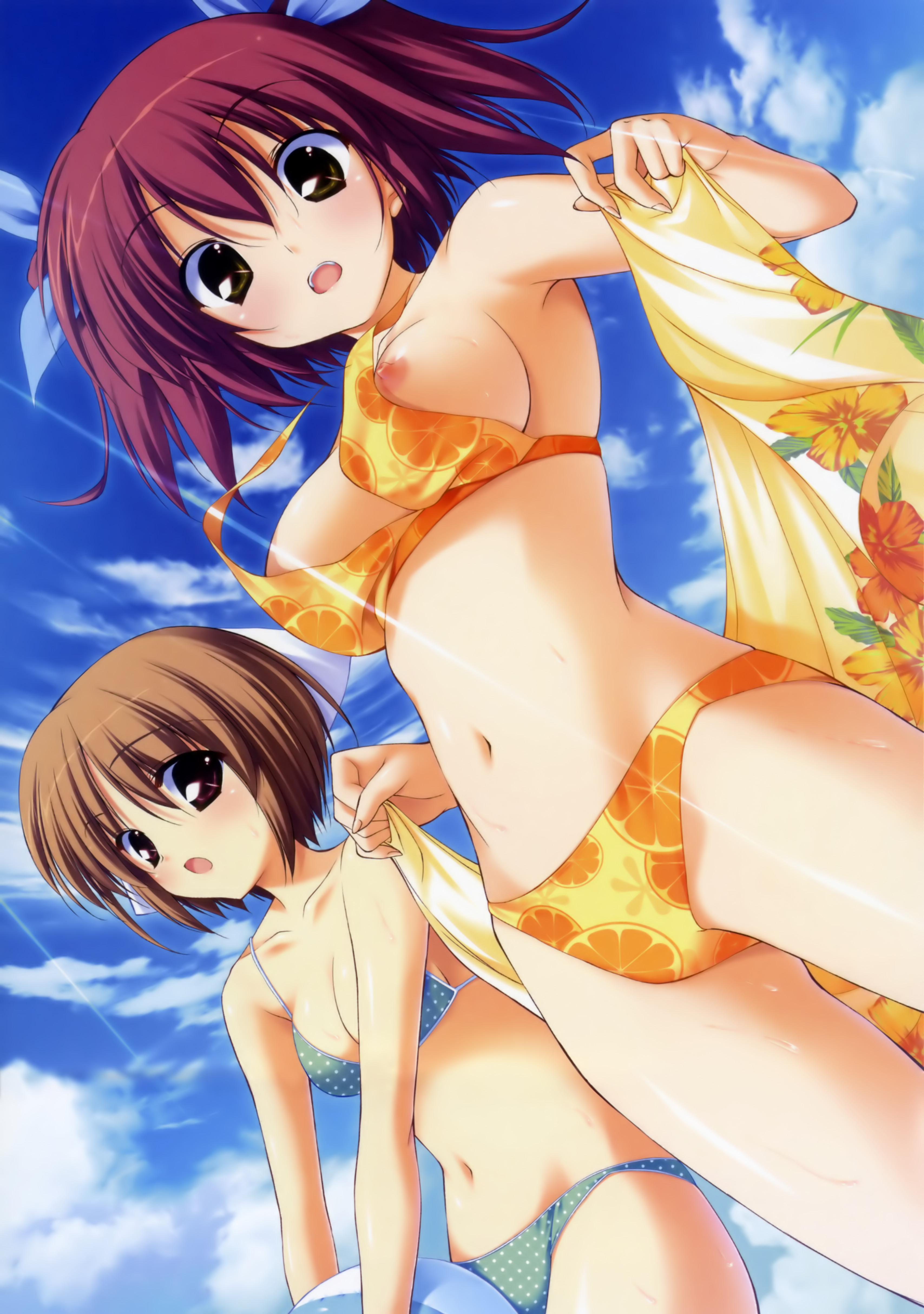 fumio (ura fmo), kuroda yui, suou nanano, hoshiuta, absurdres, highres, 2girls, ball, beachball, bikini, breasts, brown eyes, brown hair, day, large breasts, medium breasts, multiple girls, nipple slip, nipples, polka dot, polka dot bikini, polka dot swimsuit, purple hair, red eyes, ribbon, surprised, swimsuit, wardrobe malfunction