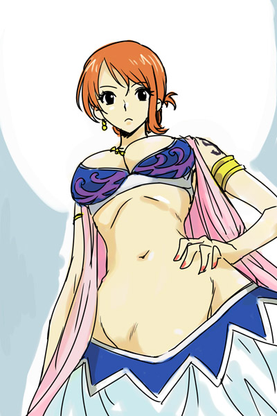 michael f91, nami (one piece), nami (one piece) (alabasta), one piece, 1girl, alabasta, arabian clothes, armband, breasts, cleavage, curvy, earrings, female focus, from below, hand on own hip, hip focus, jewelry, long skirt, looking at viewer, midriff, navel, orange hair, short hair, skirt, sleeveless, solo, tattoo