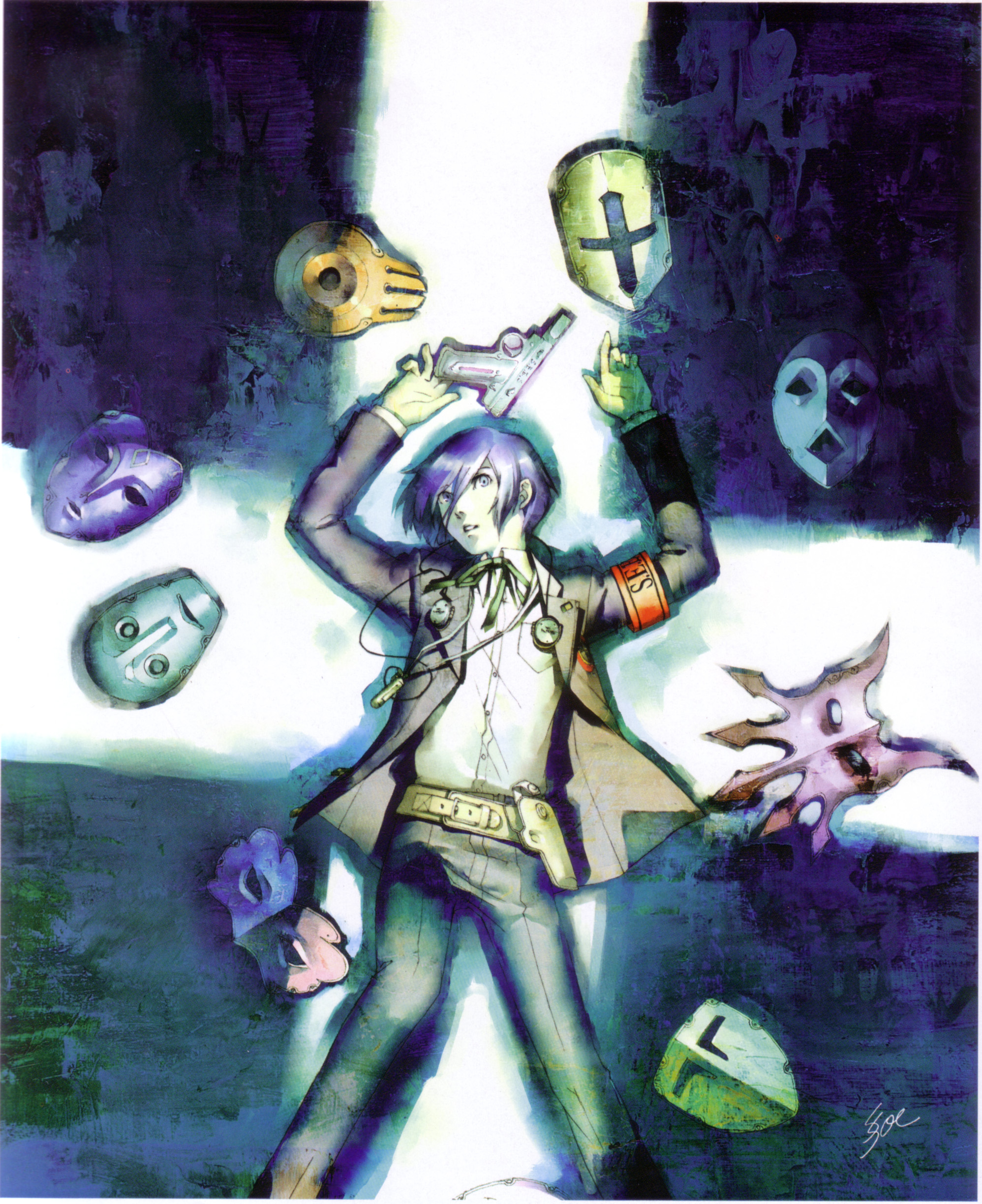 soejima shigenori, yuuki makoto (persona 3), atlus, persona, persona 3, absurdres, highres, official art, scan, 1boy, blue eyes, blue hair, digital media player, digital walkman, evoker, gun, lying, male focus, mask, matching hair/eyes, ribbon, school uniform, solo, walkman nw-s203f, weapon