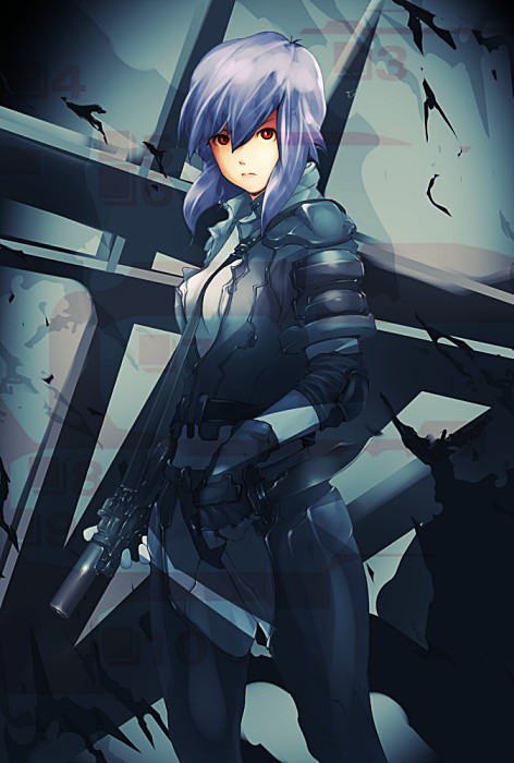 sato (options), kusanagi motoko, ghost in the shell, ghost in the shell: stand alone complex, 00s, 1girl, blue hair, bodysuit, female focus, fingerless gloves, gloves, gun, purple hair, red eyes, rifle, short hair, solo, weapon