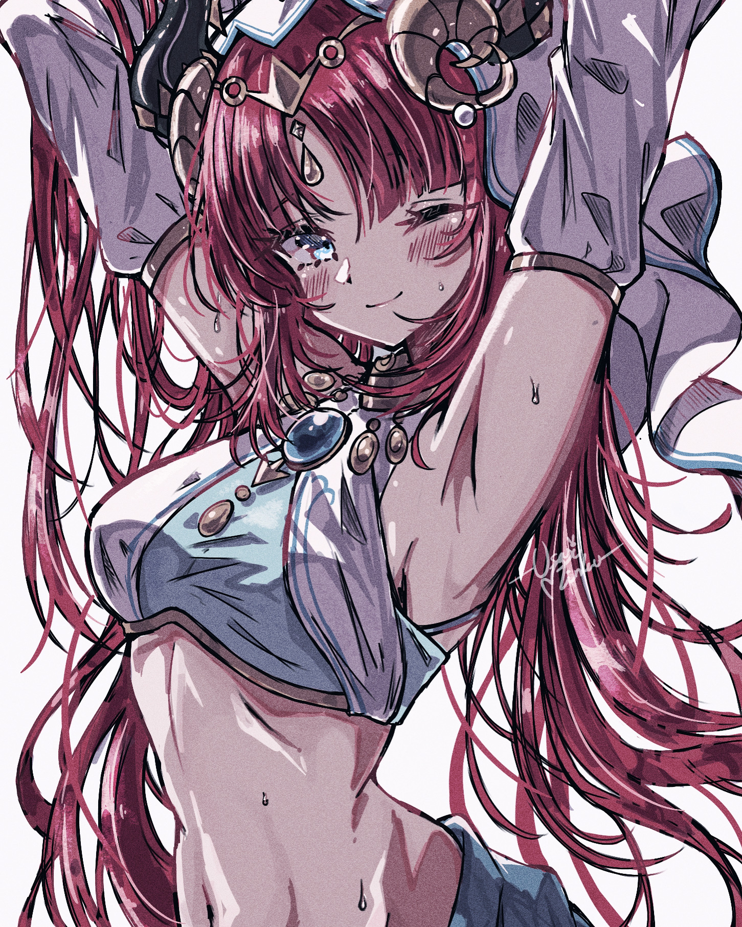 usa (usagi minku), nilou (genshin impact), genshin impact, commentary, highres, 1girl, ;), armpits, arms up, black horns, blue eyes, blush, breasts, brooch, crop top, detached sleeves, fake horns, harem outfit, horns, jewelry, long hair, looking at viewer, medium breasts, midriff, navel, one eye closed, red hair, signature, simple background, smile, solo, sweat, upper body, veil, white background, white sleeves, white veil