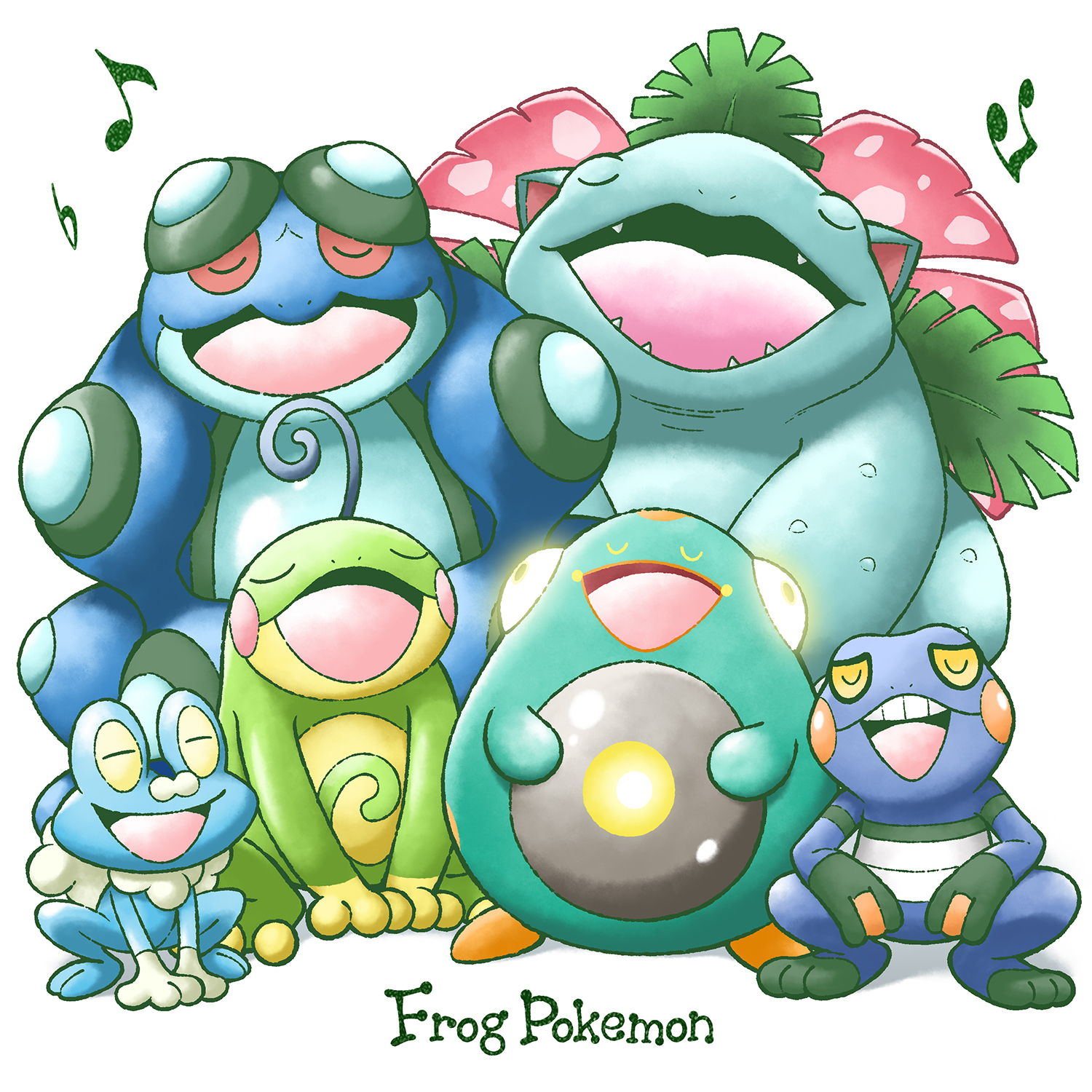 bellibolt, croagunk, froakie, politoed, seismitoad, venusaur, nintendo, pokemon, commentary request, highres, animal focus, closed eyes, english text, fangs, frog, gen 1 pokemon, gen 2 pokemon, gen 4 pokemon, gen 5 pokemon, gen 6 pokemon, leaf, music, musical note, no humans, nostrils, open mouth, pokemon (creature), pokemon focus, pokemon move, round (pokemon), sharp teeth, simple background, singing, smile, species connection, teeth, tomonoharuma, upper teeth only, white background