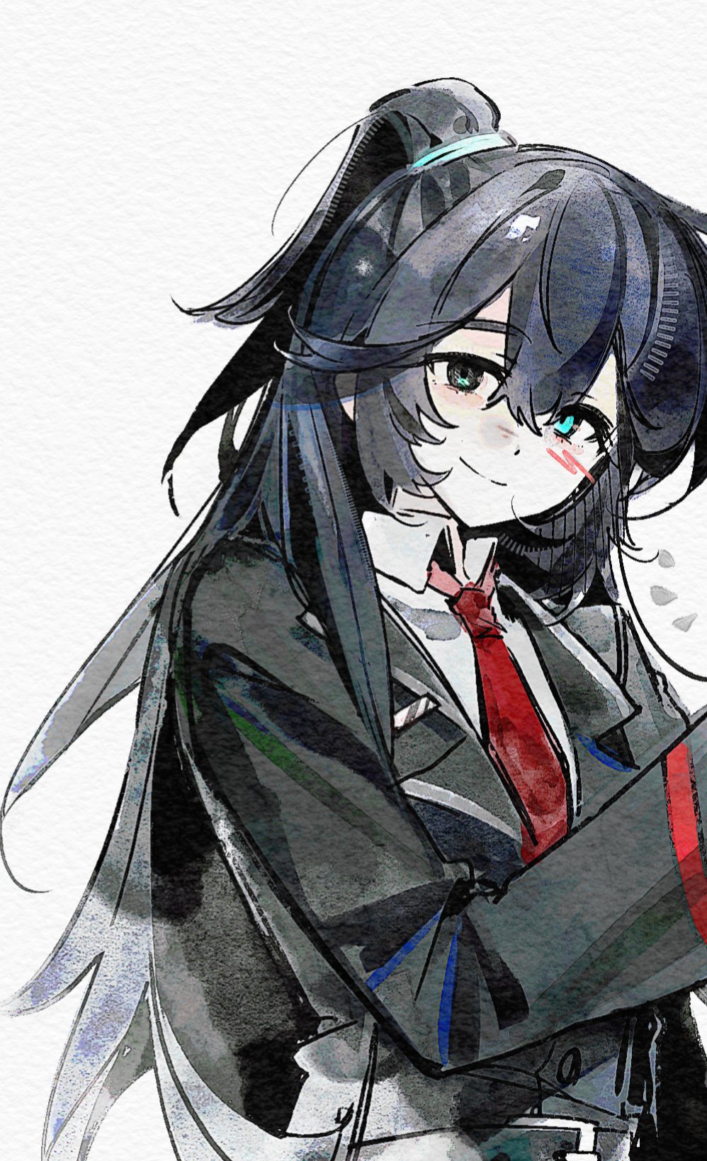 hong lu (project moon), limbus company, project moon, highres, 1boy, 66167e3d, black coat, black eyes, black hair, black vest, blue eyes, coat, collared shirt, heterochromia, high ponytail, long hair, long sleeves, looking at viewer, male focus, necktie, ponytail, red necktie, shirt, simple background, solo, upper body, vest, white background, white shirt