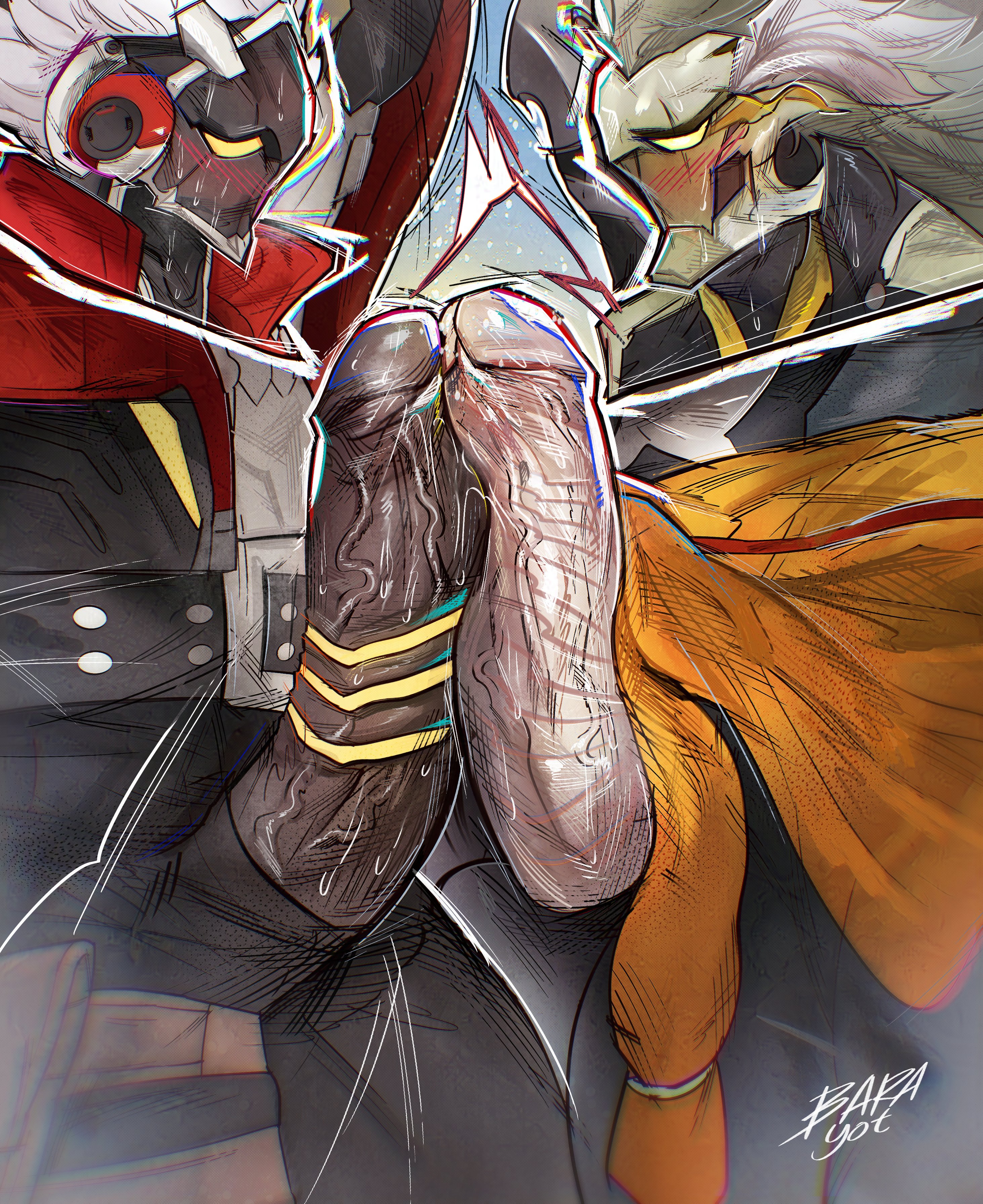 barayot, billy kid, zenless zone zero, absurdres, commentary, english commentary, highres, 2boys, artist name, banyue (zenless zone zero), black pants, blush, erection, frottage, grey hair, jacket, male focus, multiple boys, pants, penis, red jacket, robot, robot penis, sweat, white hair, yaoi