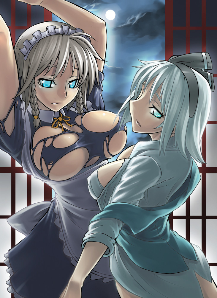 jony (avion mura), izayoi sakuya, konpaku youmu, touhou, silver hair, 2girls, blue eyes, braid, breasts, cloud, female focus, frills, full moon, glowing, glowing eyes, large breasts, maid, moon, multiple girls, sarashi, skirt, sky, torn clothes