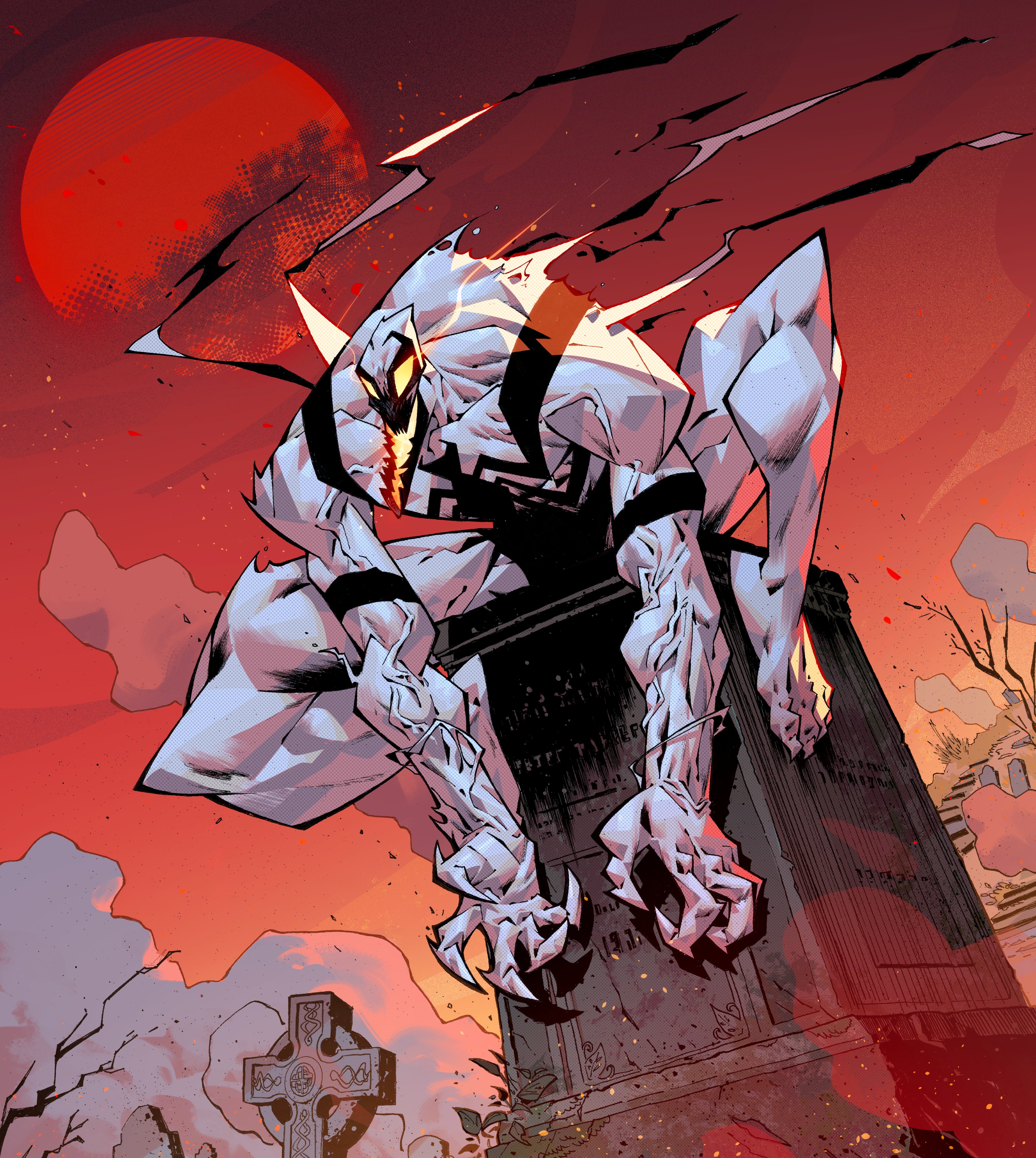anti-venom, marvel, marvel snap, spider-man (series), absurdres, highres, official art, 1boy, animal print, arm spikes, barefoot, black skin, bodysuit, broad shoulders, claws, colored skin, cross, dusk, dust, fangs, fog, full body, glowing, glowing bodysuit, glowing eyes, glowing mouth, grave, graveyard, leo chiola, male focus, monster boy, multicolored bodysuit, multicolored skin, muscular, muscular male, outdoors, parasite, patterned skin, perched, perching, perching position, print bodysuit, sharp teeth, slime boy, solo, spider print, squatting, superhero costume, symbiote, teeth, tombstone, two-tone bodysuit, white skin