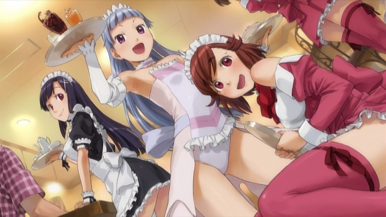 naruko hanaharu, aoba tsugumi, nagi, zange, kannagi, end card, official art, 3girls, armpits, cosplay, maid, multiple girls, siblings, sisters, tray, waitress