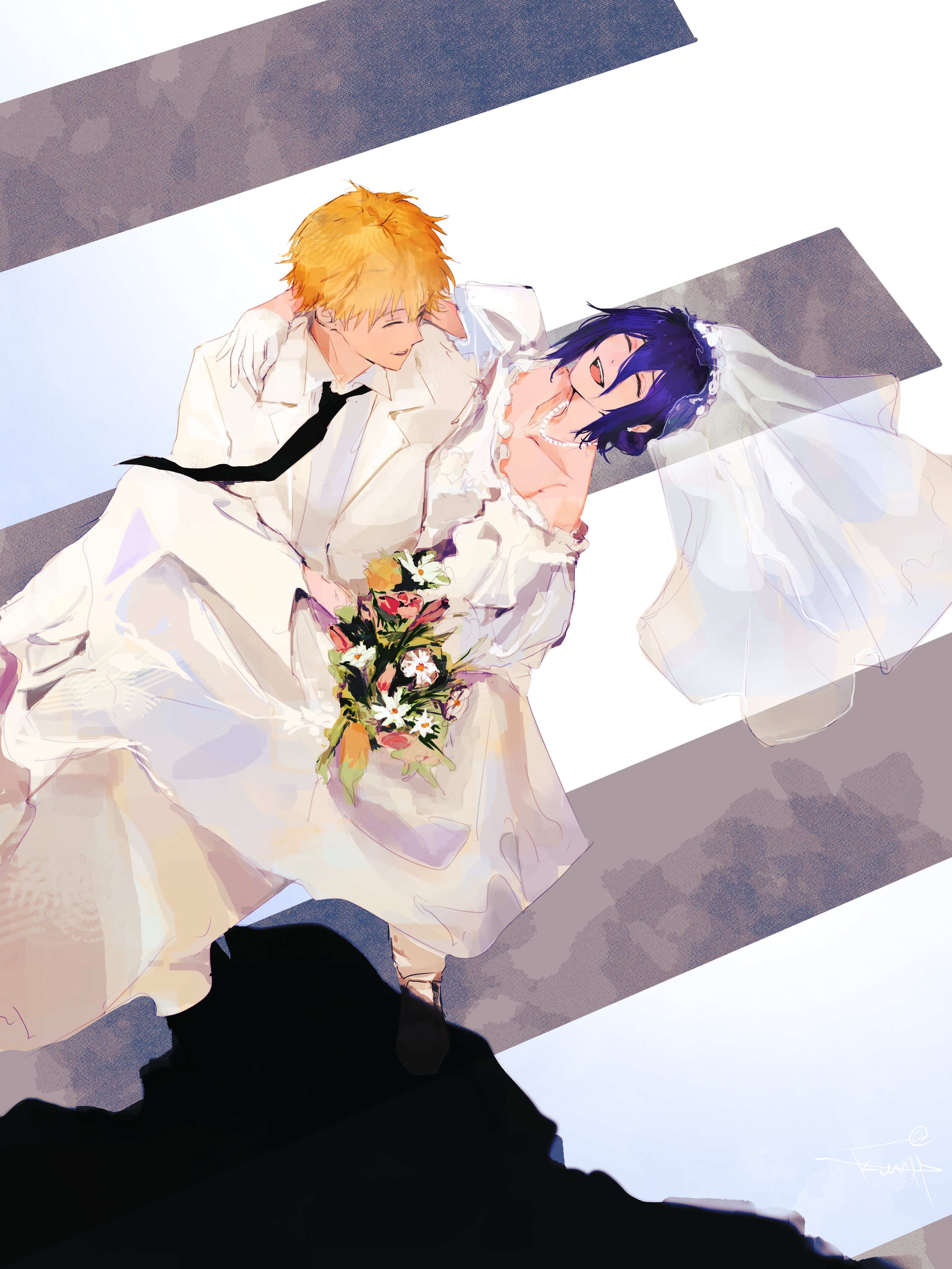 kumah dessu, denji (chainsaw man), reze (chainsaw man), chainsaw man, absurdres, commentary, english commentary, highres, 1boy, 1girl, black necktie, blonde hair, blue hair, bouquet, bridal veil, bride, carrying, carrying person, closed eyes, crosswalk, dress, flower, formal clothes, from above, groom, hair between eyes, holding, holding bouquet, jacket, jewelry, necklace, necktie, open mouth, outdoors, pearl necklace, short hair, suit, suit jacket, veil, wedding dress, white dress, white jacket, white suit