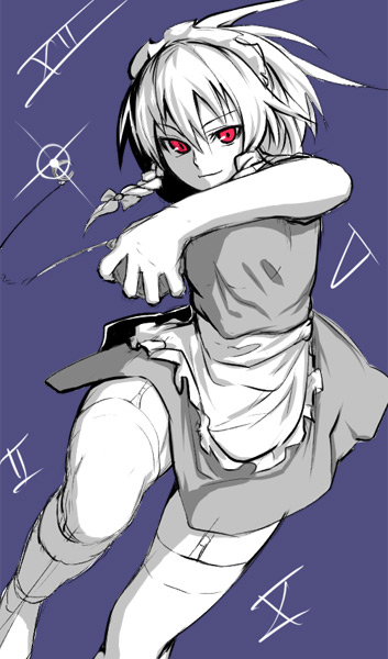 houtengeki, izayoi sakuya, touhou, 1girl, braid, female focus, maid, monochrome, purple background, red eyes, solo, spot color, thighhighs, twin braids, zettai ryouiki