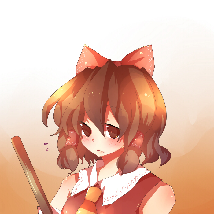 yuhiko, hakurei reimu, imperishable night, touhou, 1girl, ascot, blush, bow, broom, brown eyes, brown hair, collar, female focus, flying sweatdrops, frills, hair between eyes, hair bow, holding, red bow, solo, upper body, vest