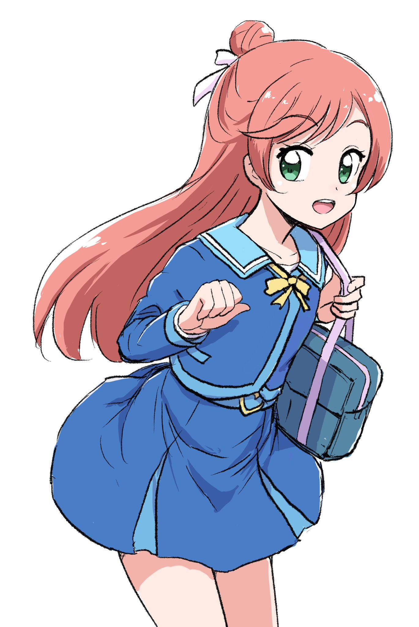 uraki, nijigaoka mashiro, hirogaru sky! precure, precure, highres, 1girl, bag, belt, blue belt, blue jacket, blue sailor collar, blue skirt, carrying, collared jacket, cowboy shot, green eyes, hair bun, hair ribbon, jacket, leaning forward, long hair, looking at viewer, miniskirt, open mouth, pink hair, pleated skirt, ribbon, sailor collar, school bag, school uniform, simple background, single hair bun, skirt, smile, solo, sorashido academy school uniform, standing, white background, white ribbon