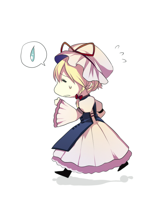 harano, yakumo yukari, touhou, 1girl, blonde hair, chibi, dress, female focus, full body, hat, long sleeves, mob cap, puffy short sleeves, puffy sleeves, short sleeves, simple background, solo, sweatdrop, walking, white background, white dress