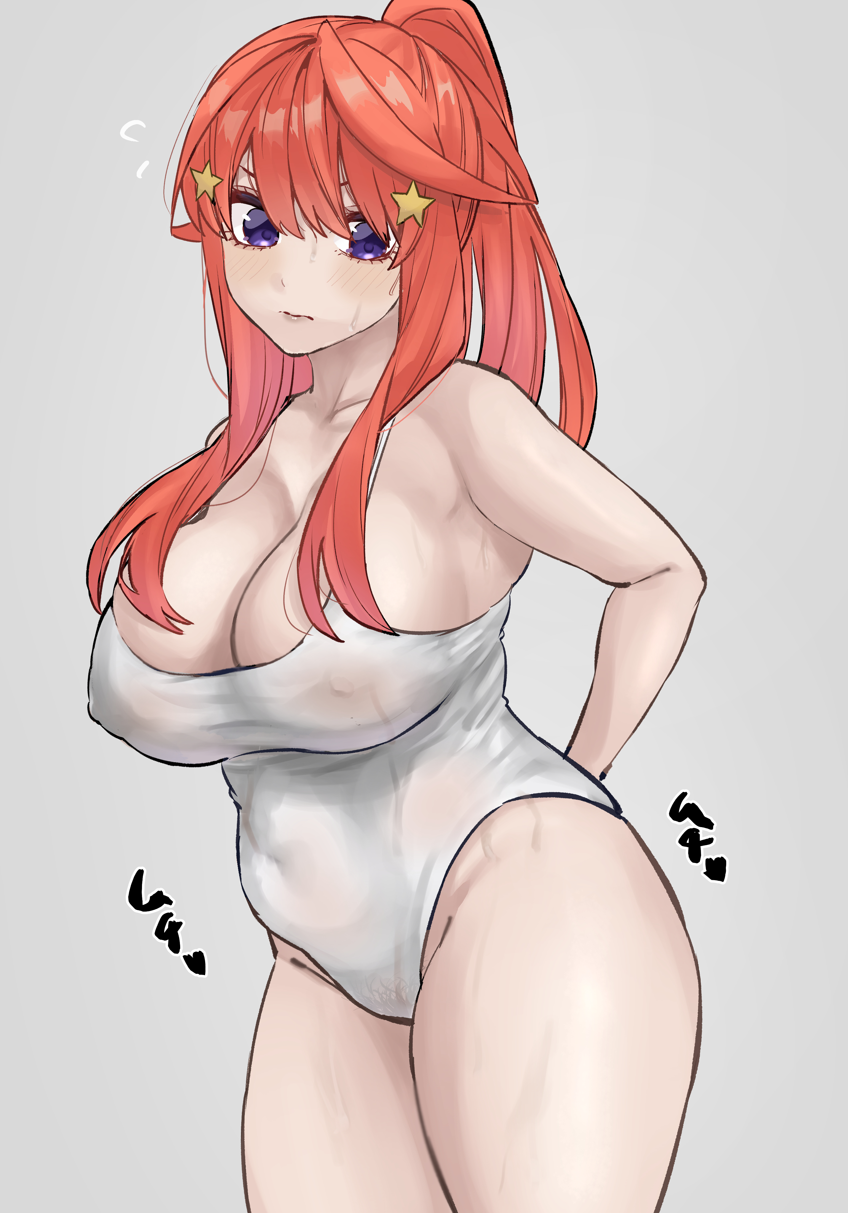 marimo 625, nakano itsuki, go-toubun no hanayome, absurdres, commentary request, highres, 1girl, adjusting clothes, adjusting swimsuit, arms behind back, blue one-piece swimsuit, breasts, cleavage, closed mouth, covered erect nipples, cowboy shot, flying sweatdrops, grey background, hair ornament, large breasts, long hair, one-piece swimsuit, purple eyes, red hair, simple background, solo, sound effects, star (symbol), star hair ornament, swimsuit, white one-piece swimsuit