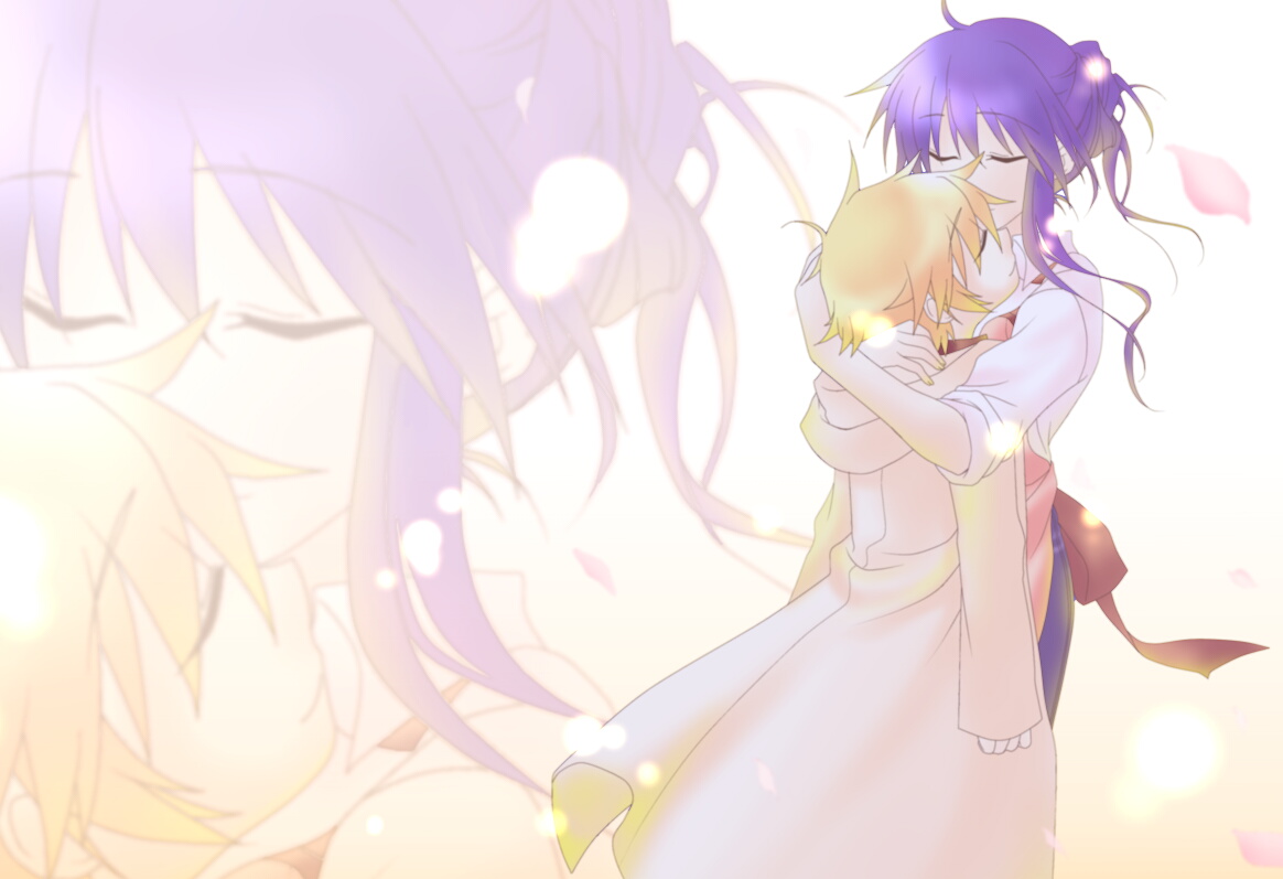 komo da, sagara misae, shima katsuki, clannad, hand on head, bad id, bad pixiv id, 00s, 1boy, 1girl, blonde hair, blue hair, closed eyes, hetero, hug, short hair, sleeves rolled up, zoom layer