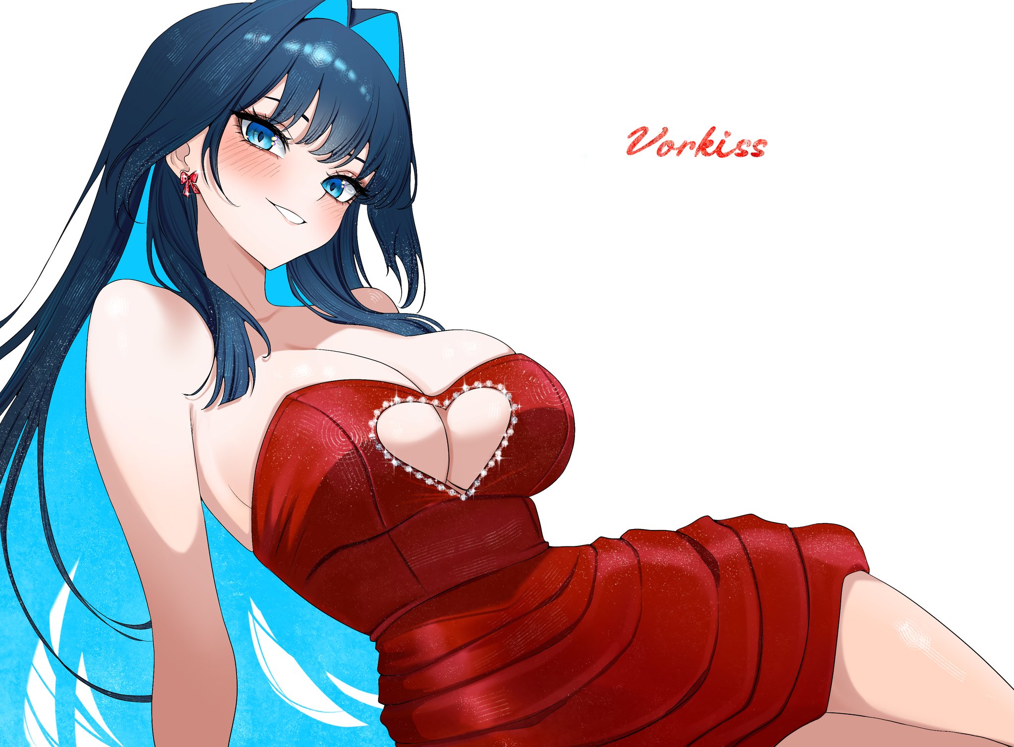 vorkiss, ouro kronii, hololive, hololive english, hashtag-only commentary, highres, 1girl, arm support, artist name, blue eyes, blue hair, blush, bow, bow earrings, breasts, cleavage, clothing cutout, colored inner hair, dress, earrings, hair intakes, heart cutout, jewelry, large breasts, long hair, looking at viewer, multicolored hair, red dress, short dress, simple background, solo, virtual youtuber, white background